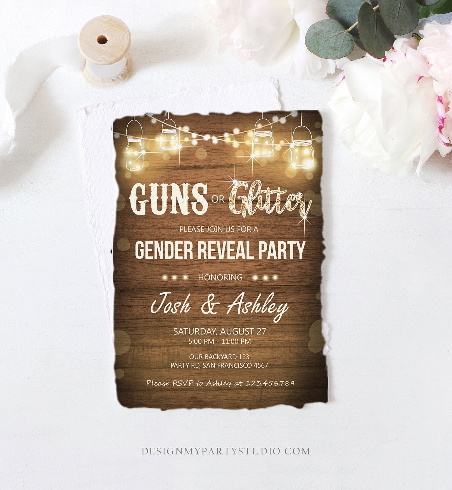 Editable Guns or Glitter Gender Reveal Invitation Baby Shower Boy Girl He or She Western Rustic Wood Download Corjl Template Printable 0015