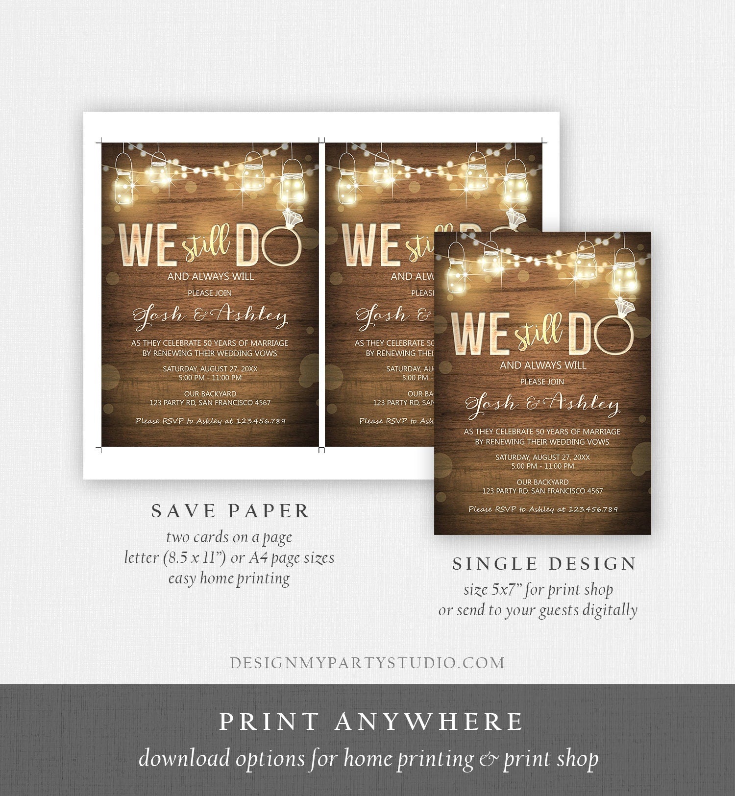 Editable We Still Do Wedding Anniversary Invitation Rustic Wood String Lights Jars Digital Instant Download Corjl Template Printable 0015