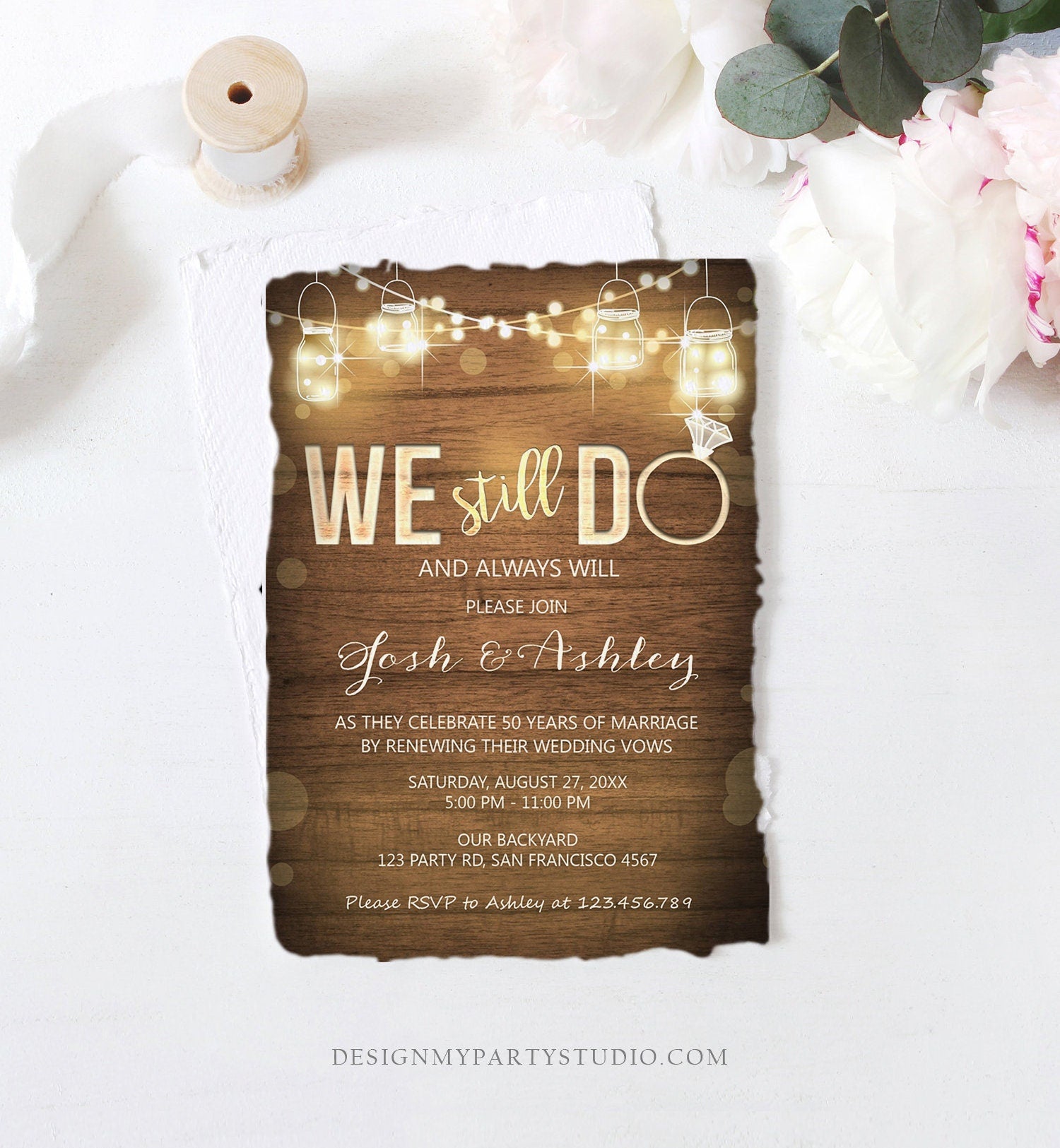 Editable We Still Do Wedding Anniversary Invitation Rustic Wood String Lights Jars Digital Instant Download Corjl Template Printable 0015