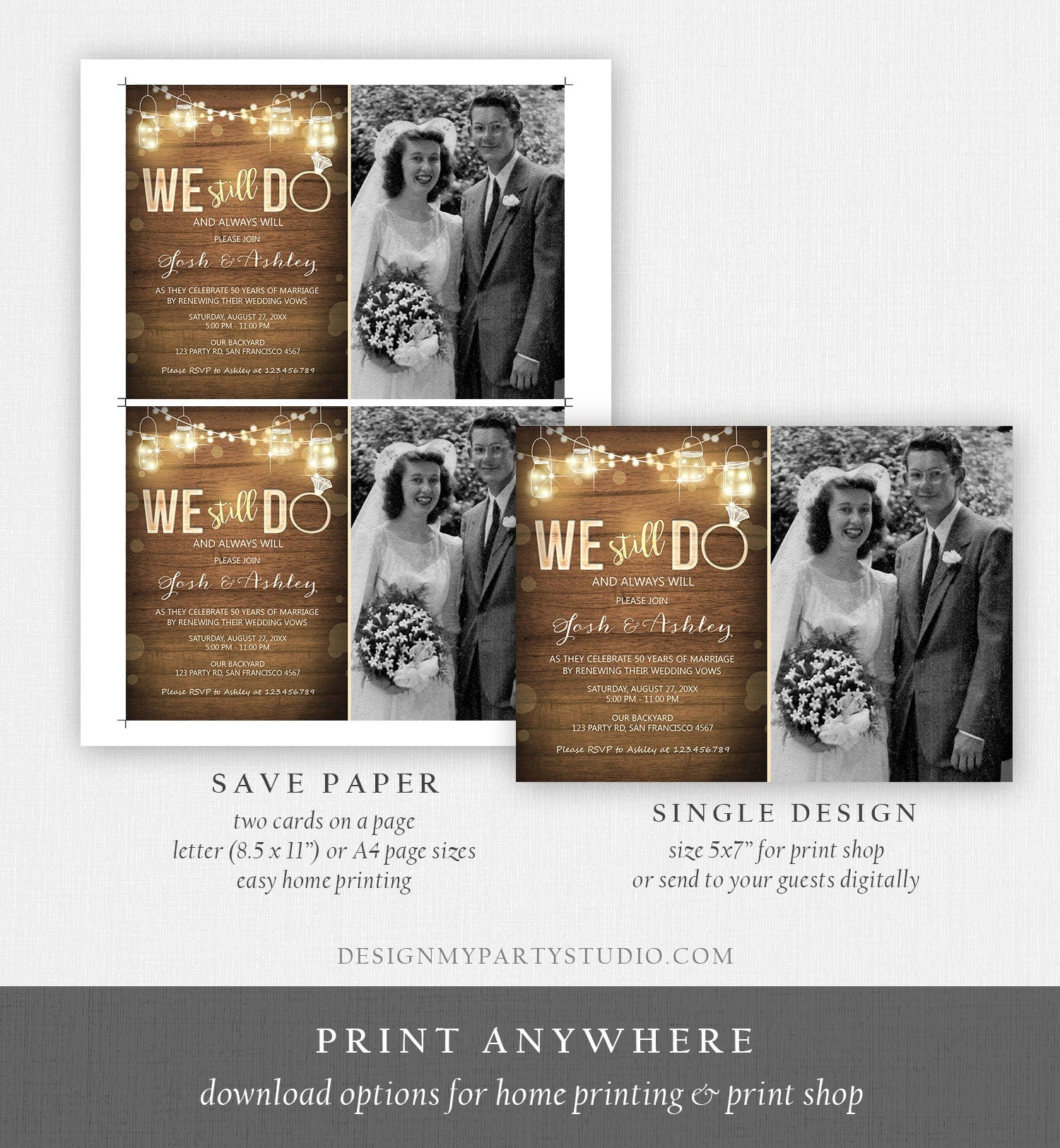 Editable We Still Do Wedding Anniversary Invitation Photo Rustic Wood String Lights Jars Digital Download Corjl Template Printable 0015