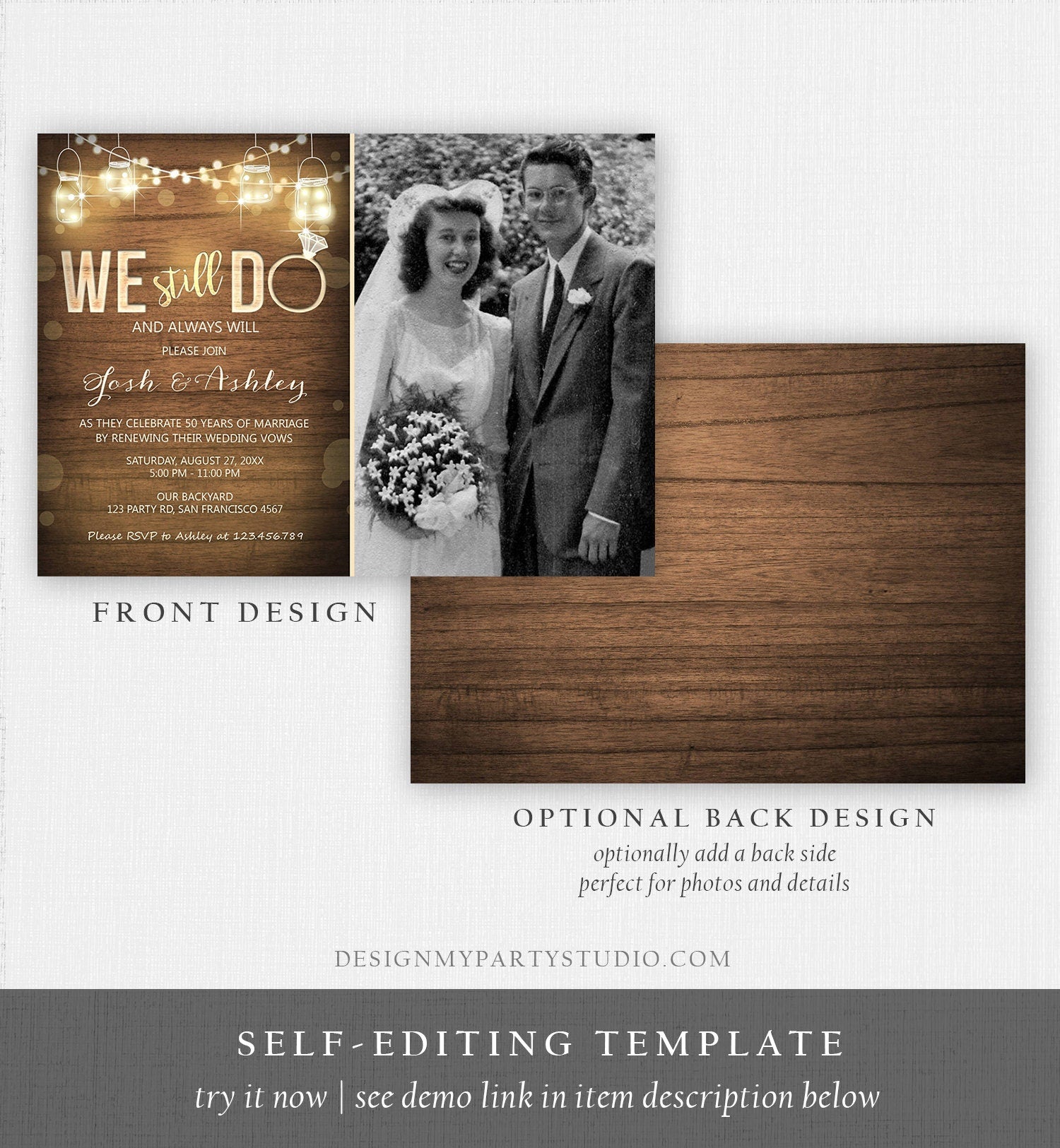 Editable We Still Do Wedding Anniversary Invitation Photo Rustic Wood String Lights Jars Digital Download Corjl Template Printable 0015