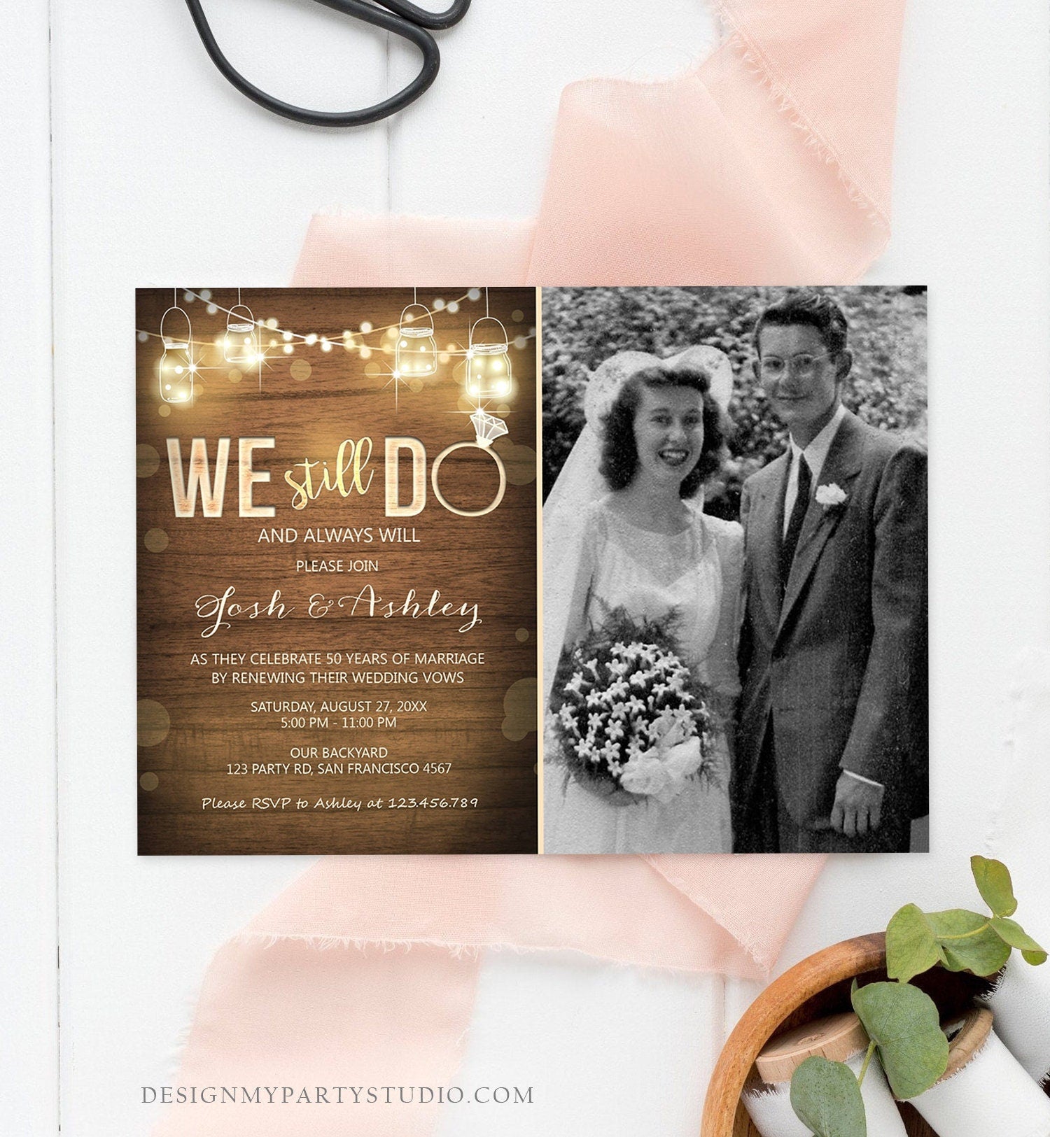 Editable We Still Do Wedding Anniversary Invitation Photo Rustic Wood String Lights Jars Digital Download Corjl Template Printable 0015