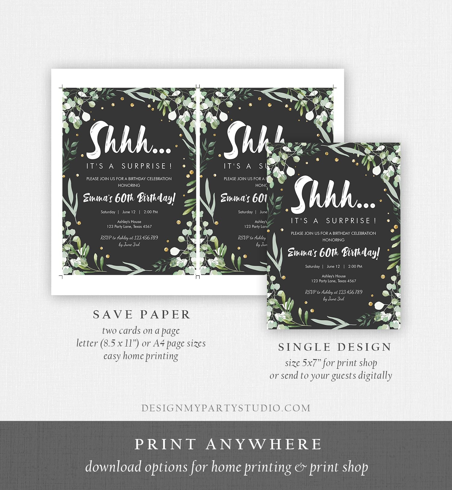 Editable Greenery Surprise Birthday Invitation ANY AGE Shhh Its It's a Surprise 30th 50th 60th Party Digital Evite Template Printable 0253