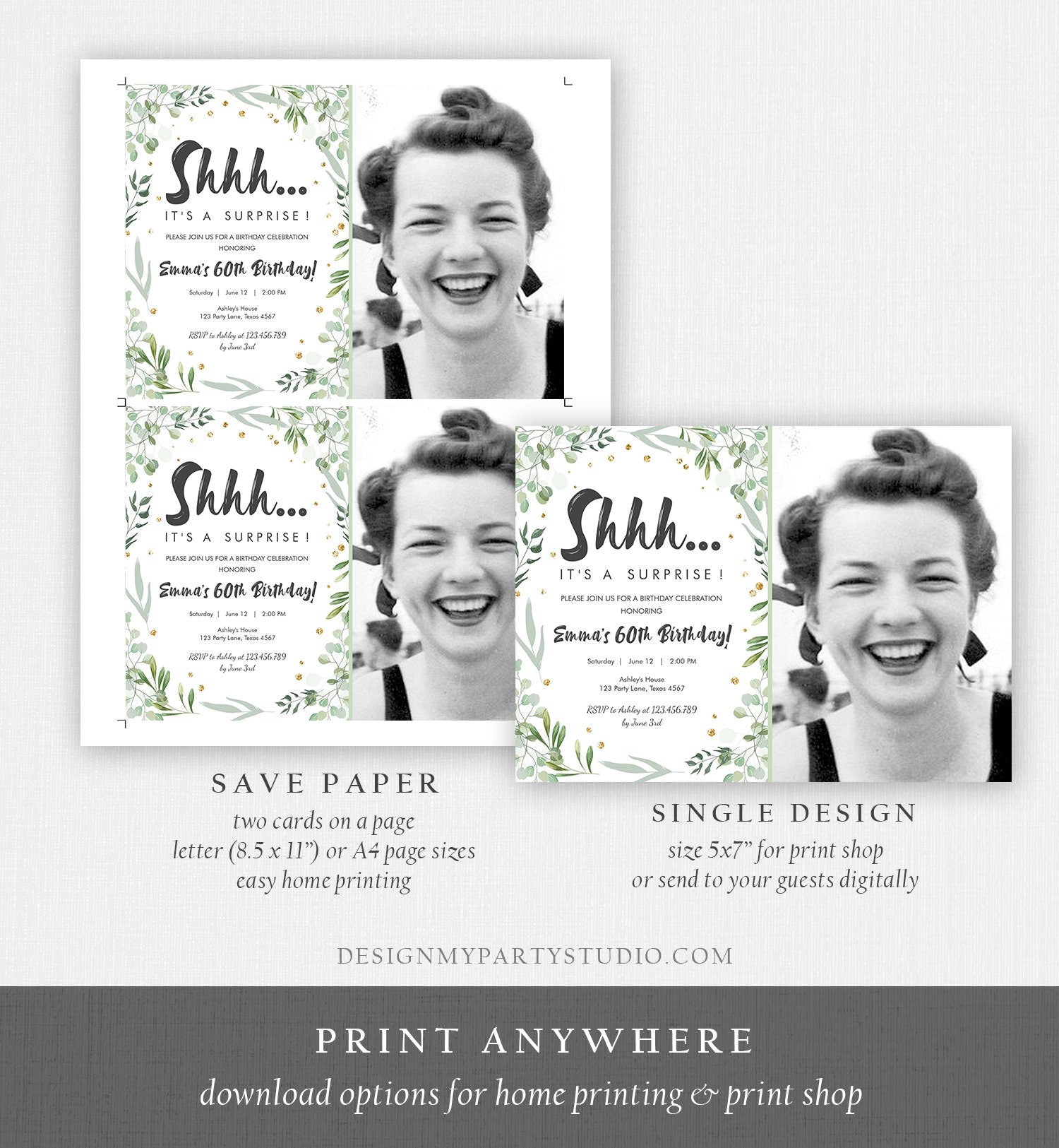 Editable Greenery Surprise Birthday Invitation ANY AGE Shhh Its It's A Surprise 30th 50th 60th Birthday Party Corjl Template Printable 0253