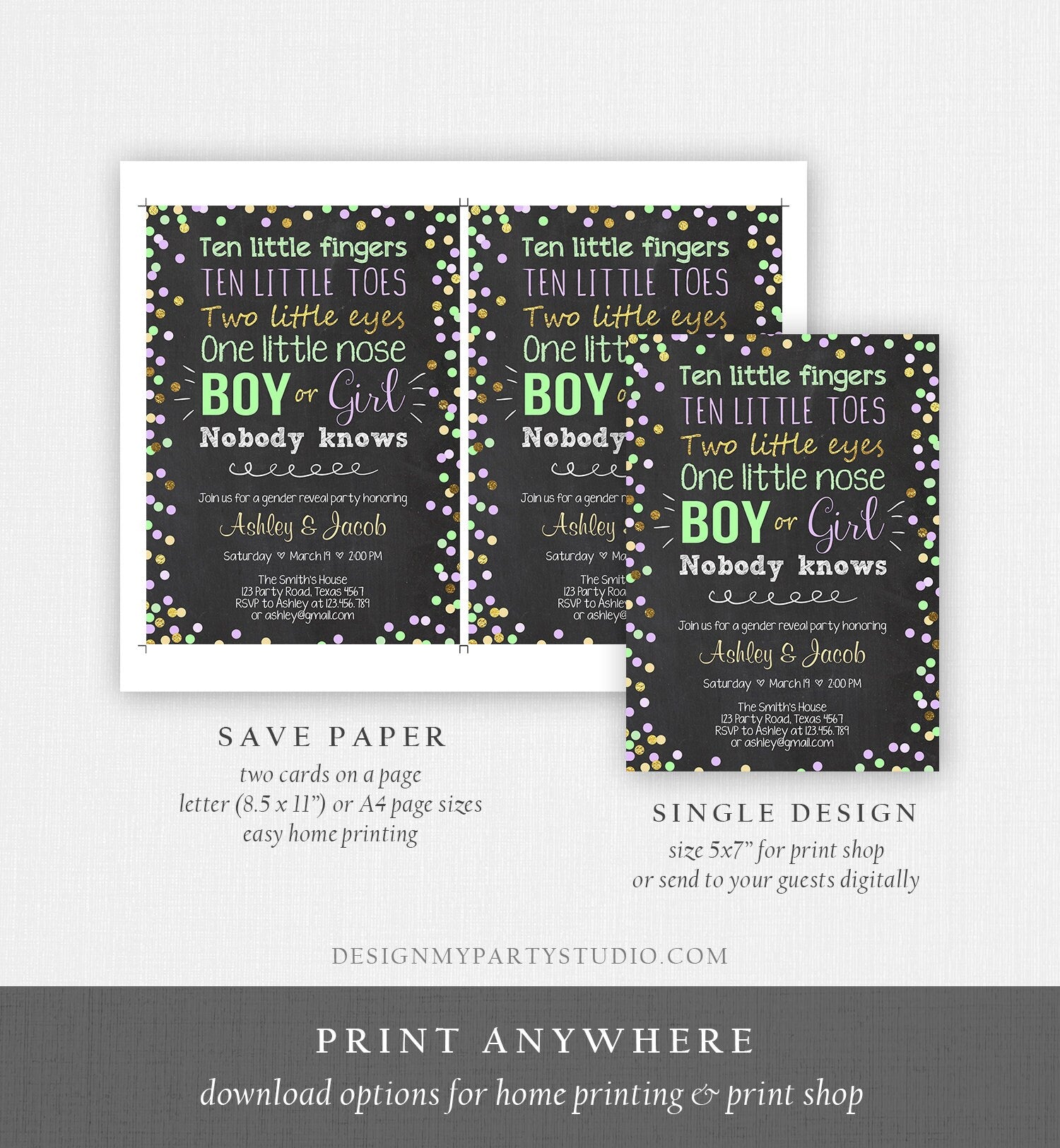 Editable Gender Reveal Invitation Baby Shower Boy or Girl Green Purple He or She Confetti Gold Corjl Template Instant Download Digital 0133