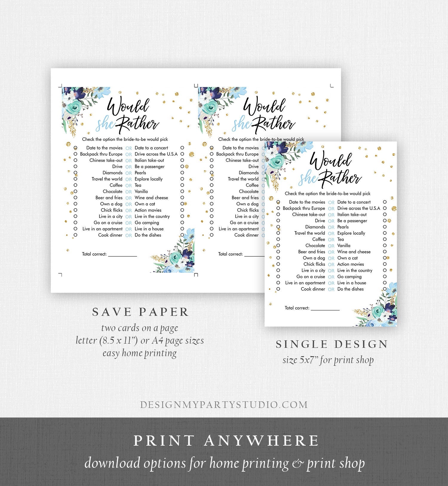 Editable Would She Rather Bridal Shower Game Wedding Shower Activity Floral Blue Gold Confetti Party Corjl Template Printable 0030