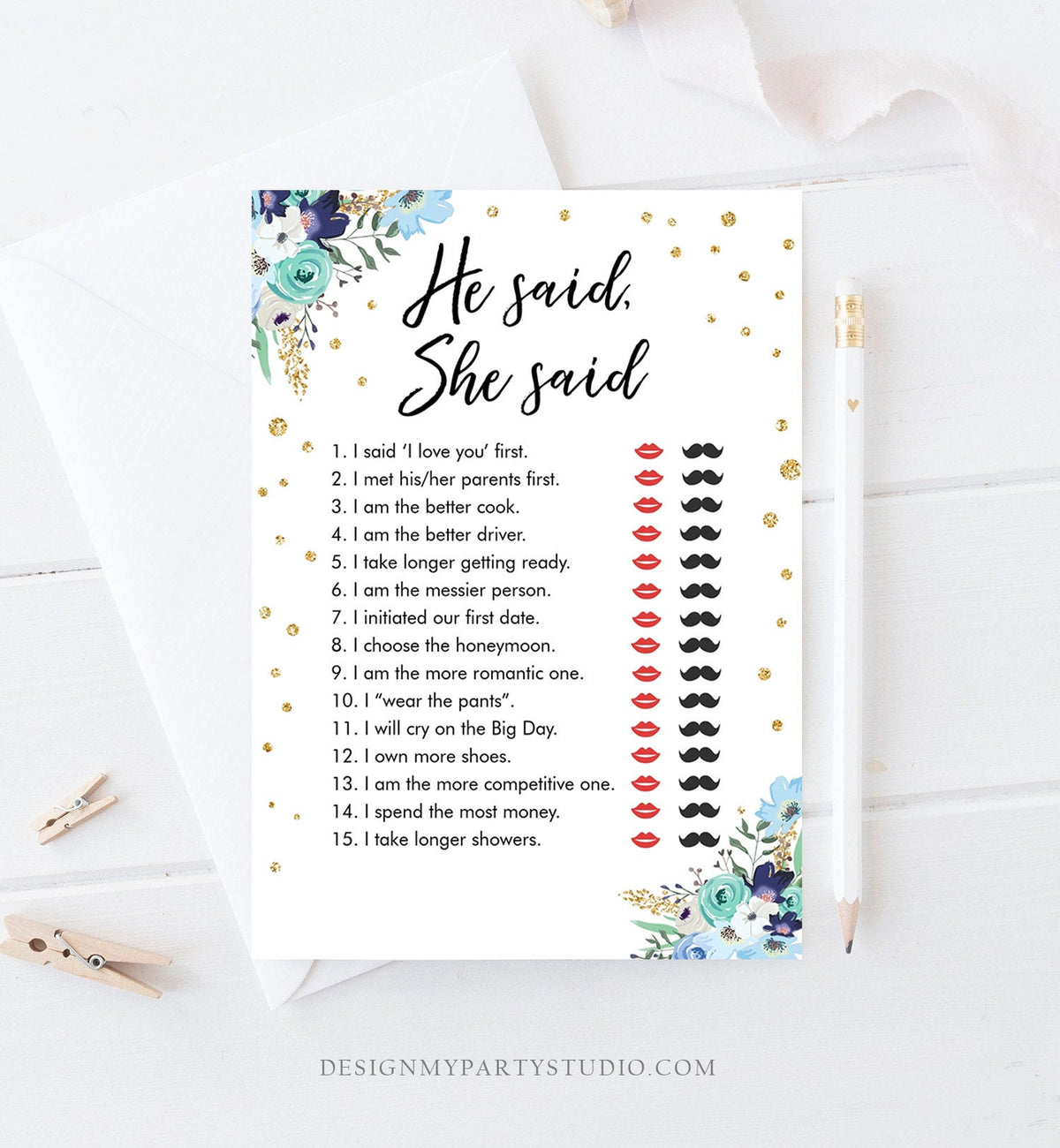 Editable He Said She Said Bridal Shower Game Floral Bride or Groom Wedding Shower Activity Who said it Phrase Corjl Printable 0030