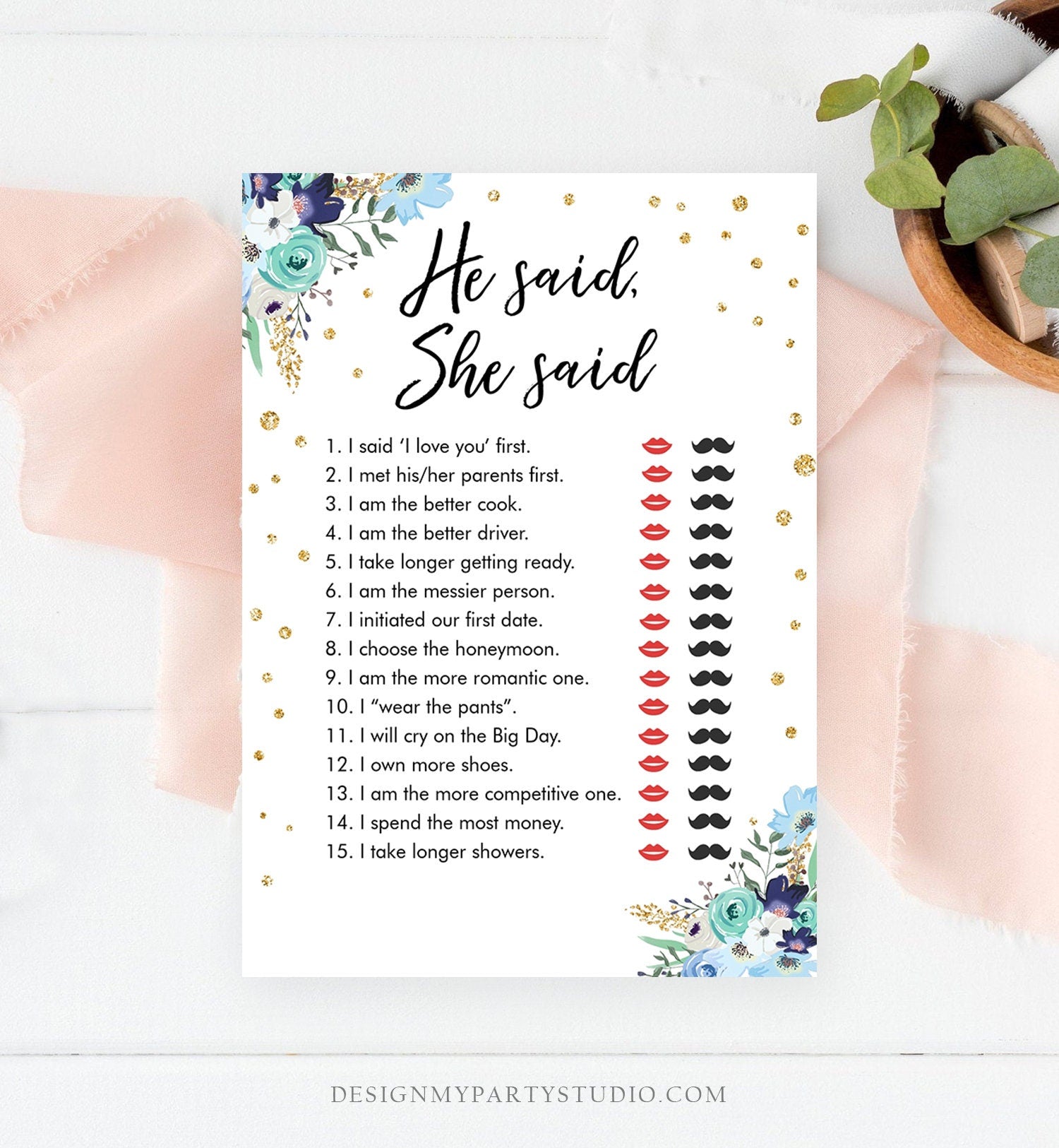 Editable He Said She Said Bridal Shower Game Floral Bride or Groom Wedding Shower Activity Who said it Phrase Corjl Printable 0030