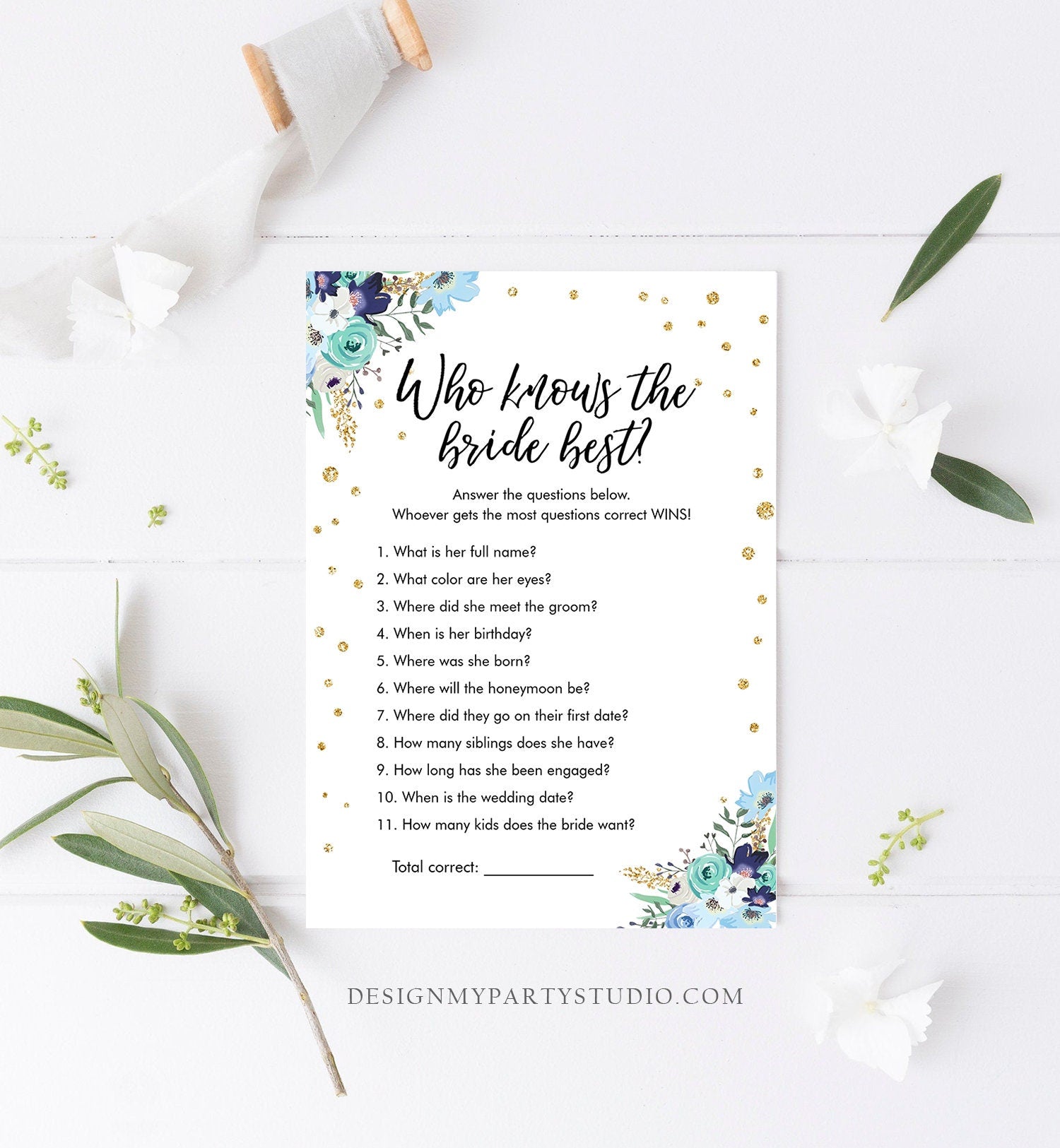 Editable Who Knows the Bride Best Bridal Shower Game Wedding Shower Activity Floral Blue Gold Confetti Corjl Template Printable 0030