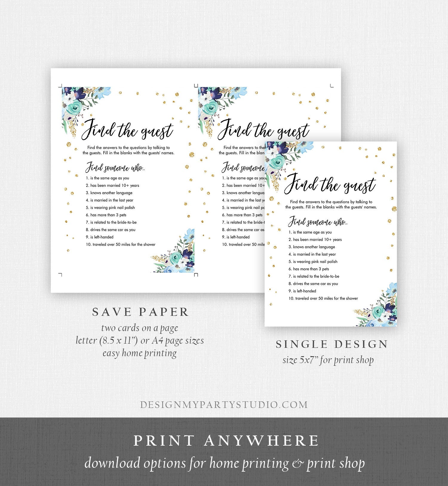 Editable Find the Guest Bridal Shower Game Wedding Shower Activity Blue Floral Gold Confetti Flowers Download Corjl Template Printable 0030