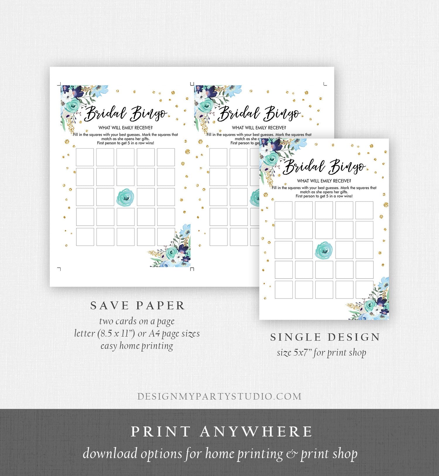 Editable Bingo Bridal Shower Game Wedding Shower Activity Floral Blue Gold Confetti Travel Flowers Download Corjl Template Printable 0030