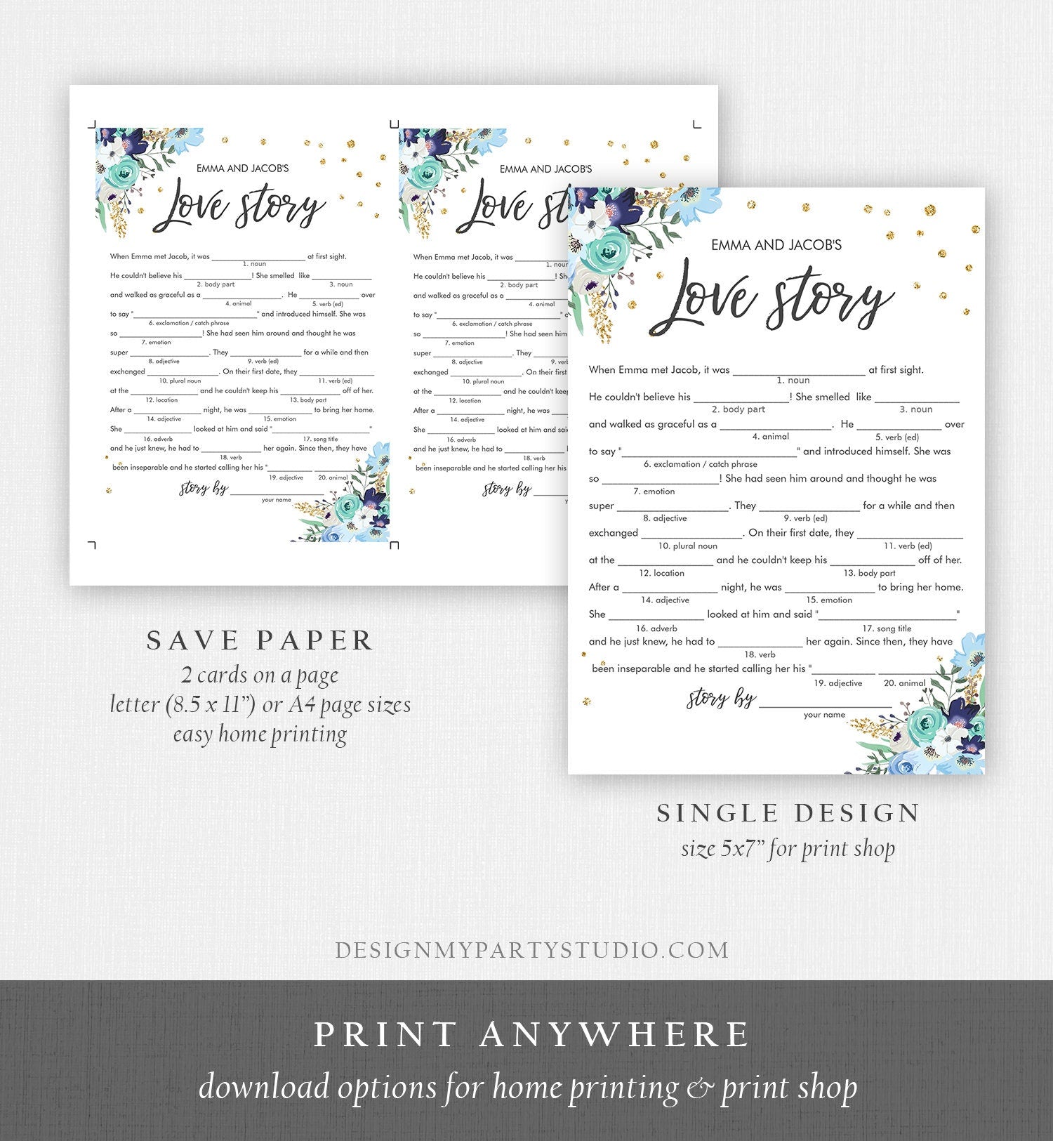 Editable Love Story Bridal Shower Game Funny Blue Floral Gold Confetti Shower Activity Wedding Foliage Download Corjl Template 0030