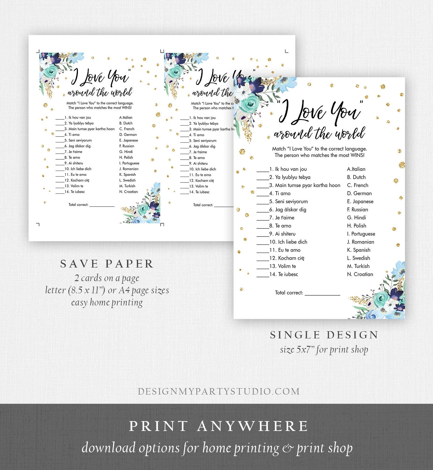 Editable Travel Bridal Shower Game I Love You Around the World Wedding Shower Activity Floral Bachelorette Corjl Template Printable 0030