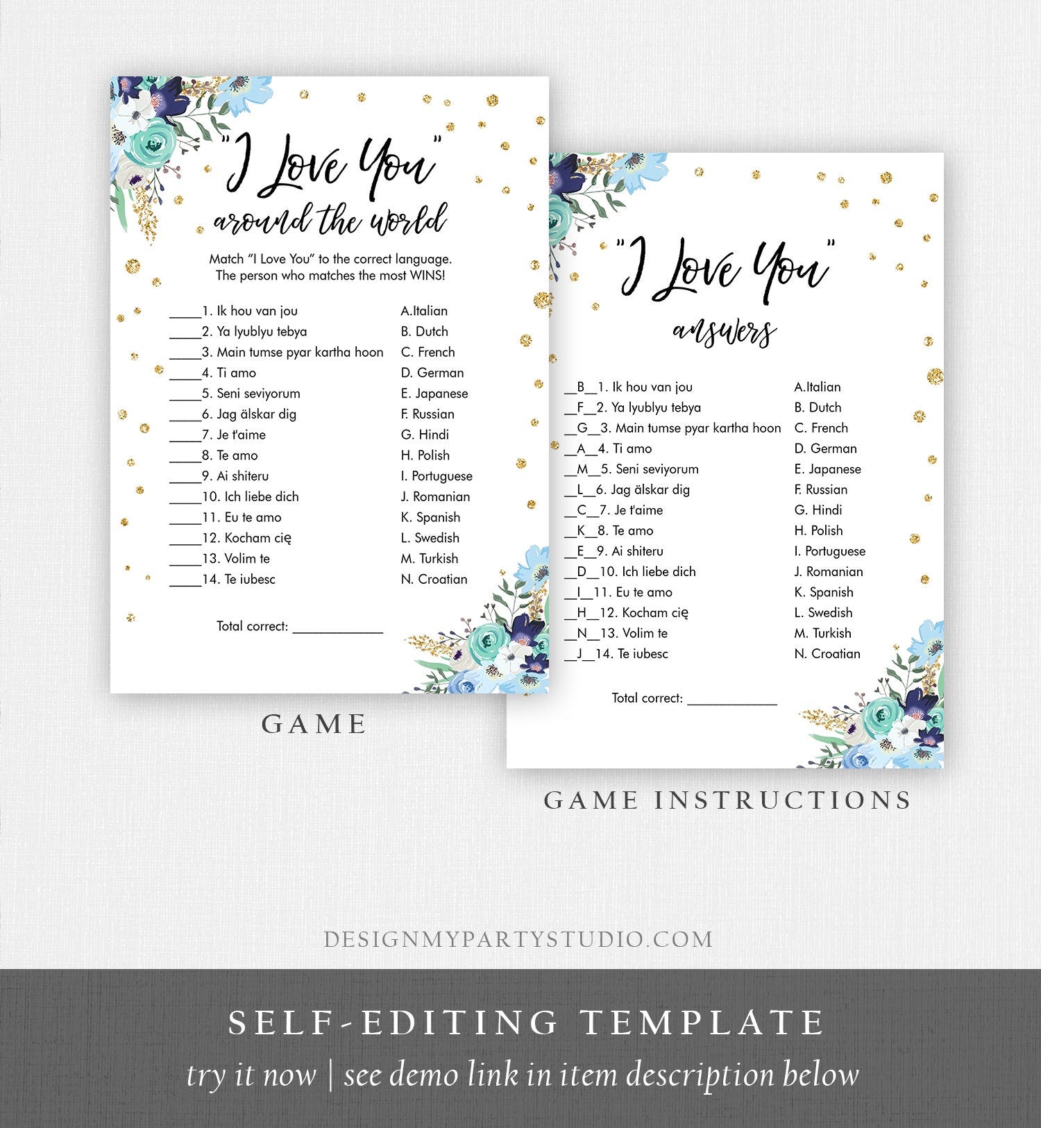 Editable Travel Bridal Shower Game I Love You Around the World Wedding Shower Activity Floral Bachelorette Corjl Template Printable 0030