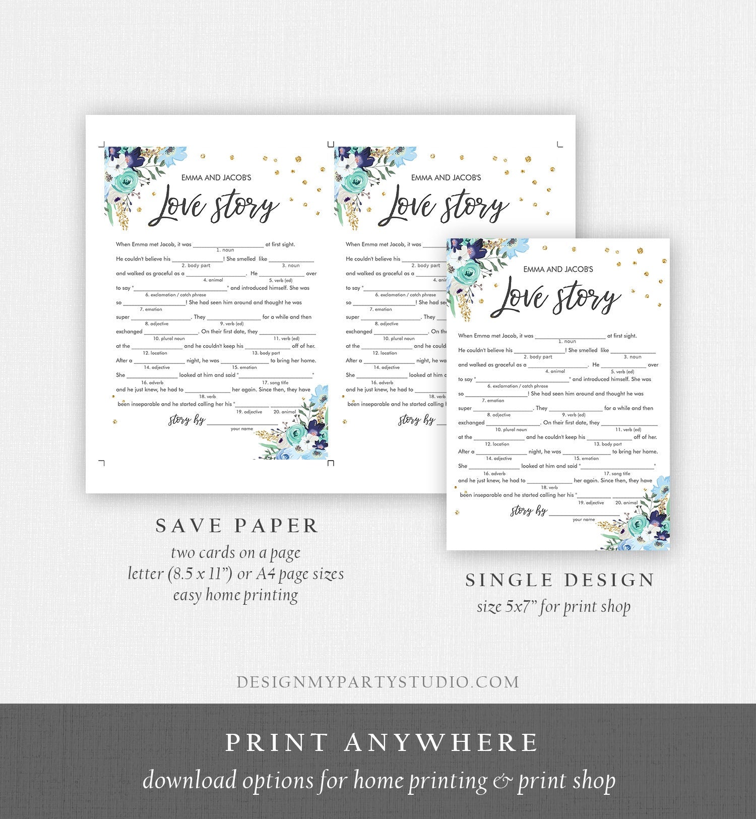 Editable Travel Floral Bridal Shower Games Bundle Wedding Shower Activity Blue Gold Confetti Traveling to Mrs Corjl Template Printable 0030