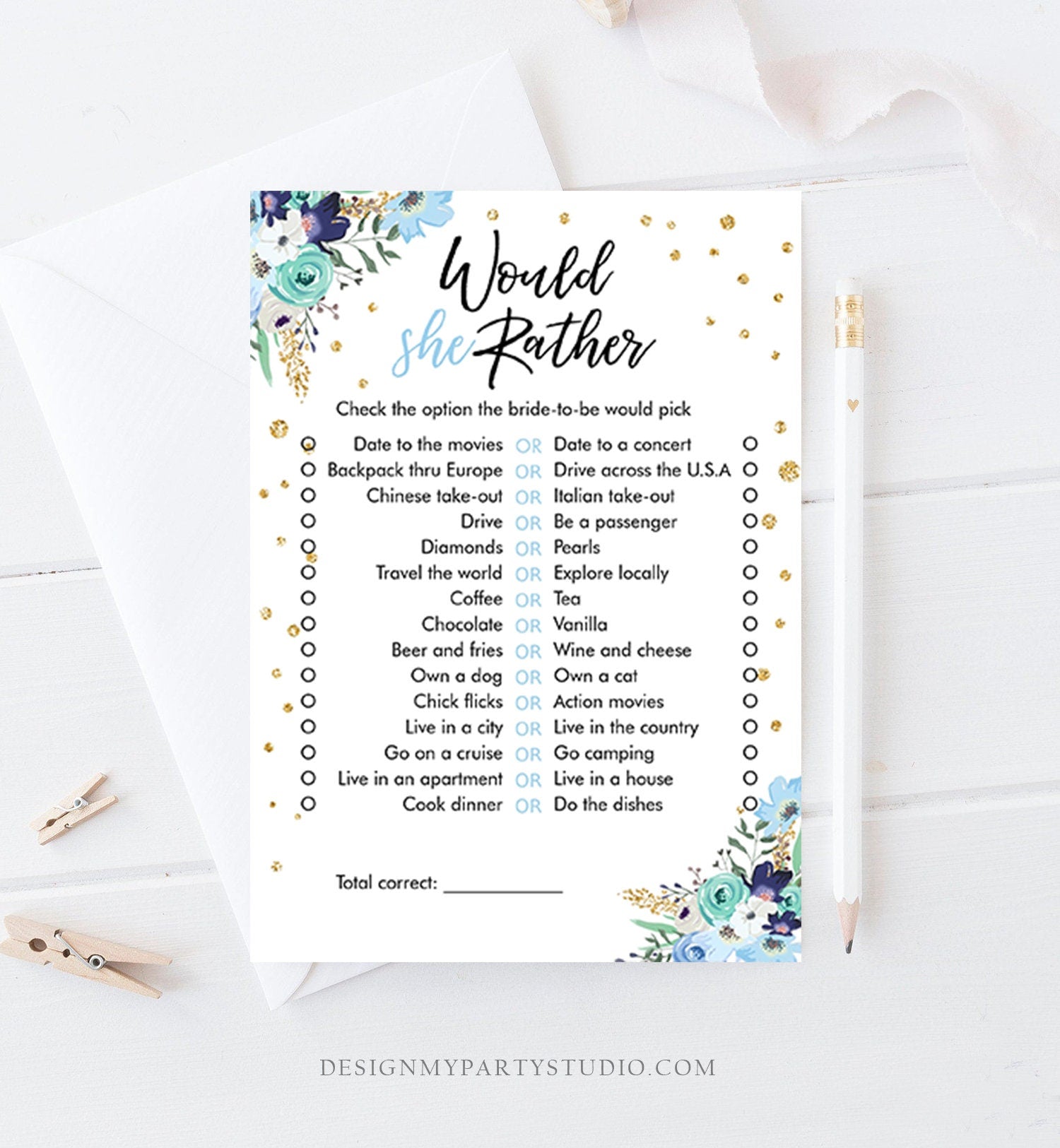 Editable Travel Floral Bridal Shower Games Bundle Wedding Shower Activity Blue Gold Confetti Traveling to Mrs Corjl Template Printable 0030