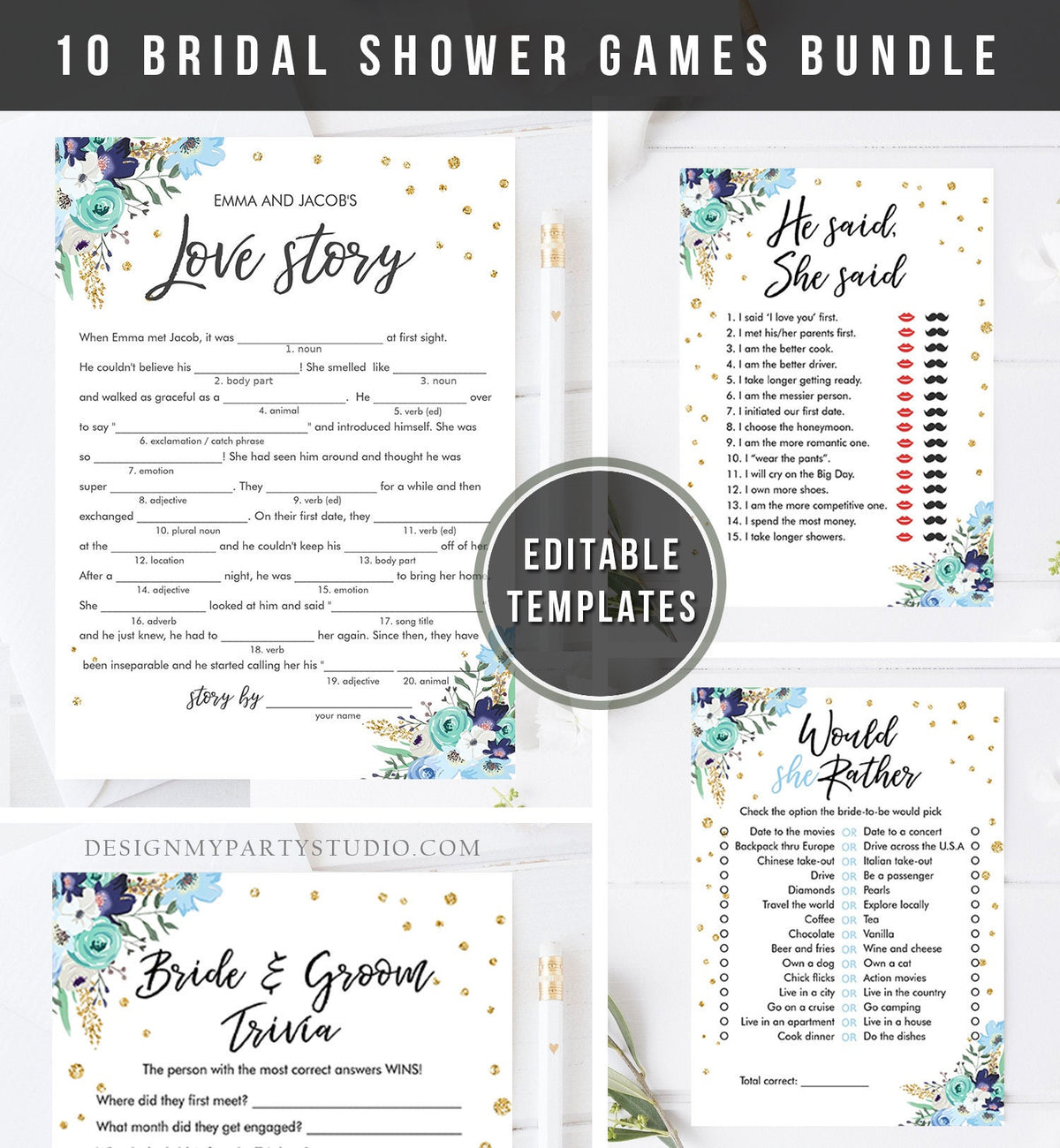 Editable Travel Floral Bridal Shower Games Bundle Wedding Shower Activity Blue Gold Confetti Traveling to Mrs Corjl Template Printable 0030