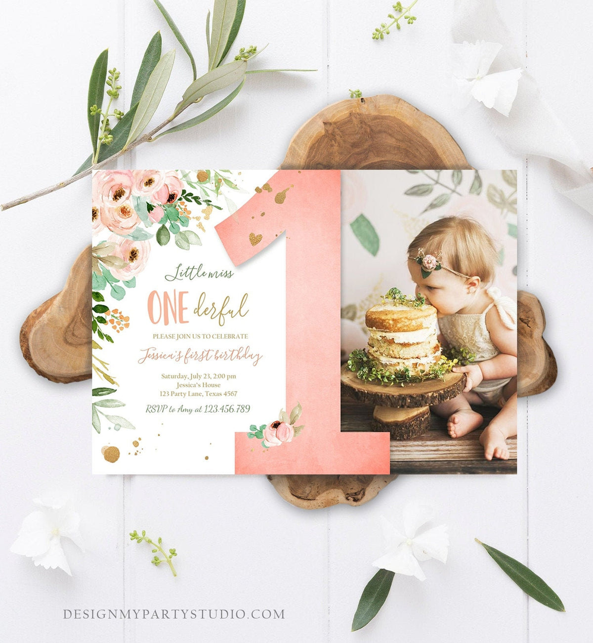 Editable Little Miss Onederful Birthday Invitation Girl 1st First Birthday Pink Gold Floral Digital Download Corjl Template Printable 0147