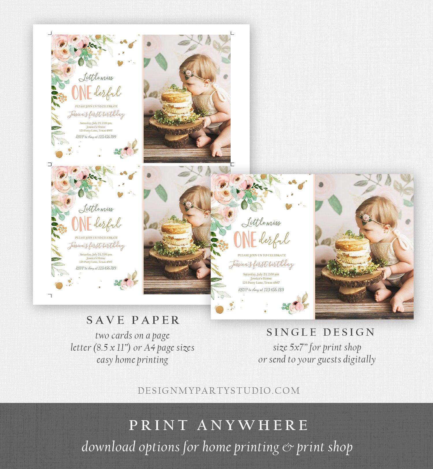 Editable Little Miss Onederful Birthday Invitation 1st Birthday Girl Pink Gold Floral Download Printable Template Corjl Digital 0147