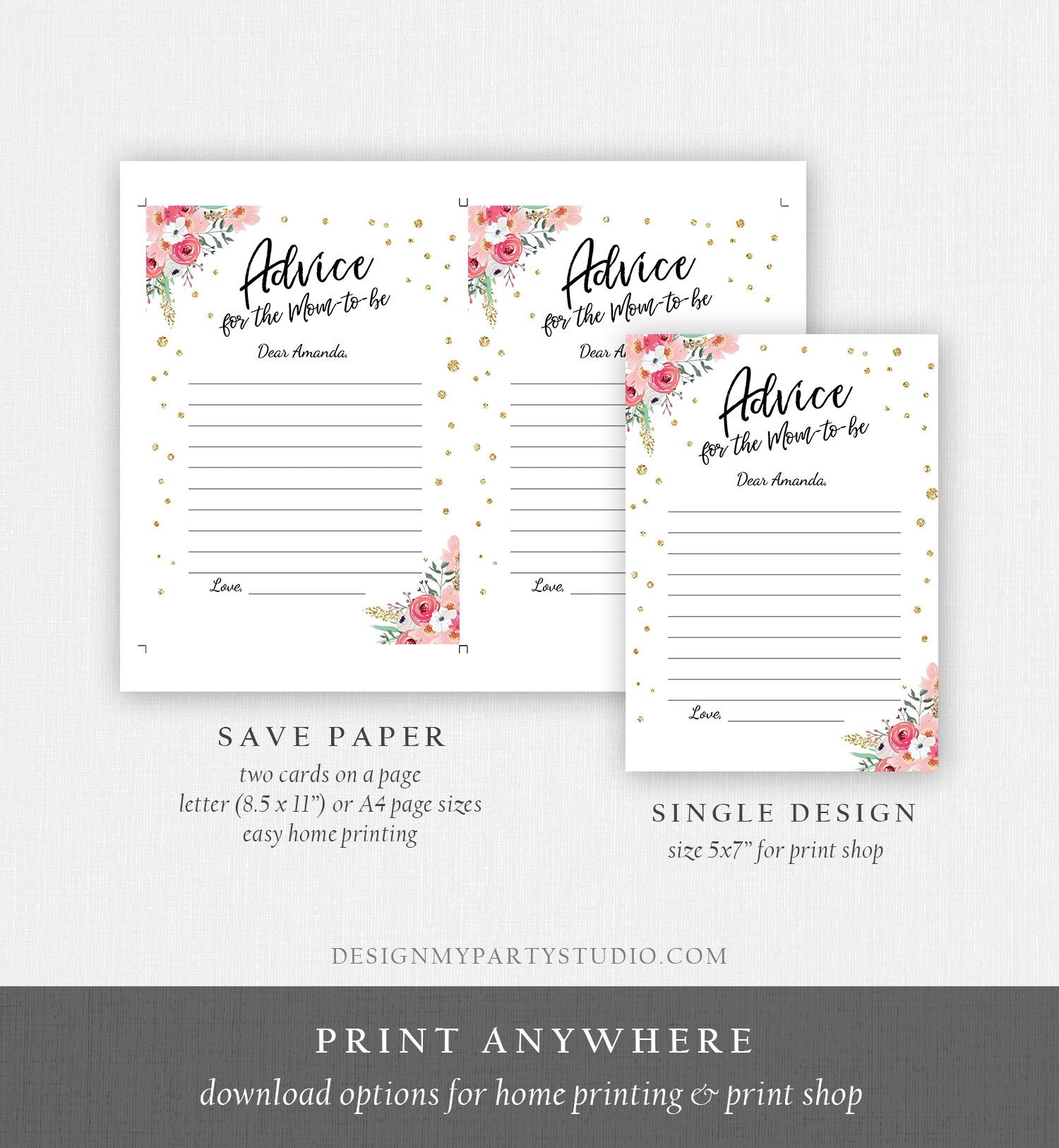 Editable Advice for the Mom-to-be Words of Wisdom Advice for Parents Floral Pink Gold Baby Shower Sprinkle Corjl Printable 0030 0318