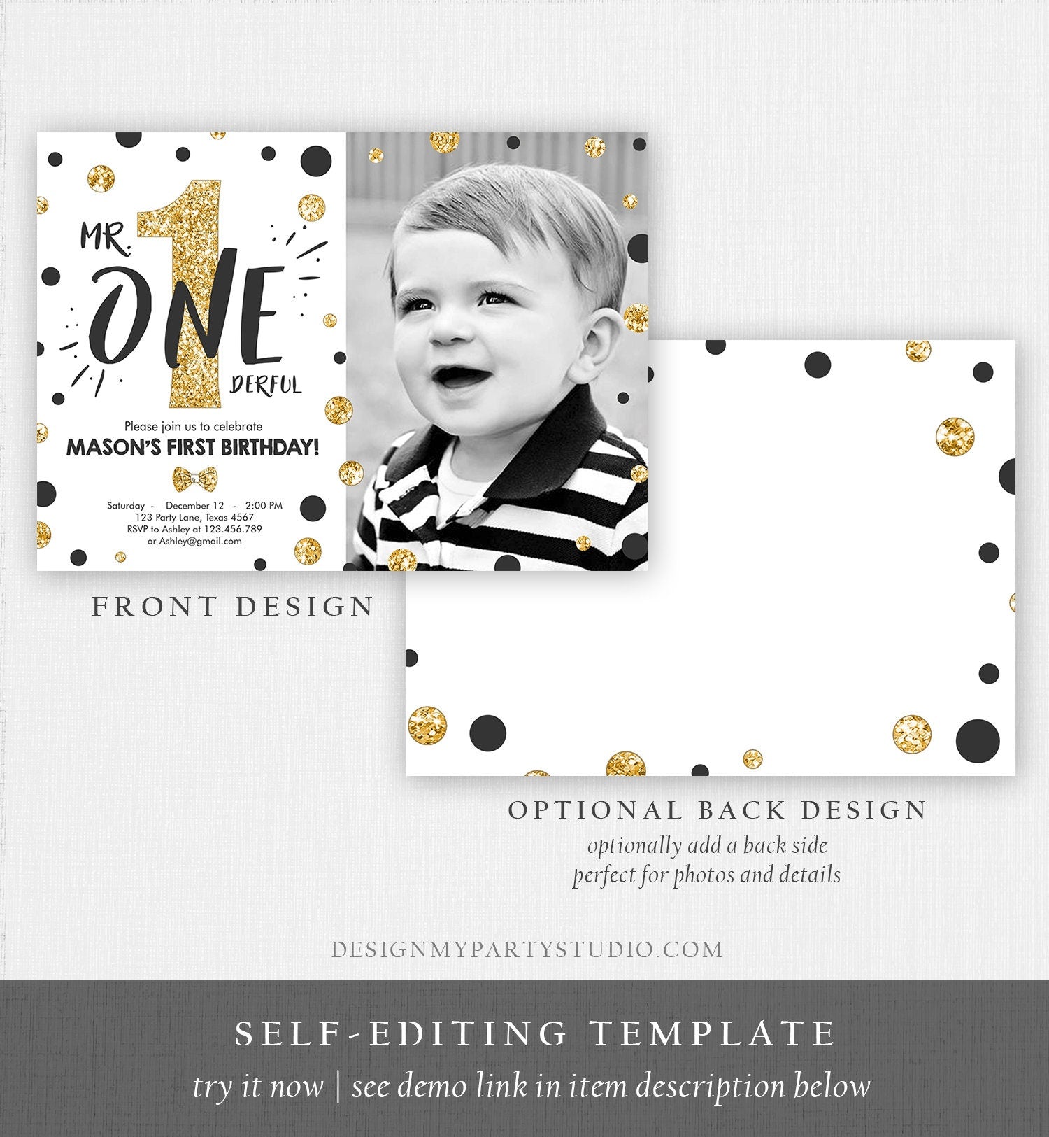 Editable Mr Onederful Birthday Invitation Black Gold Boy Bow Tie Confetti 1st Birthday Download Printable Template Digital Corjl 0072