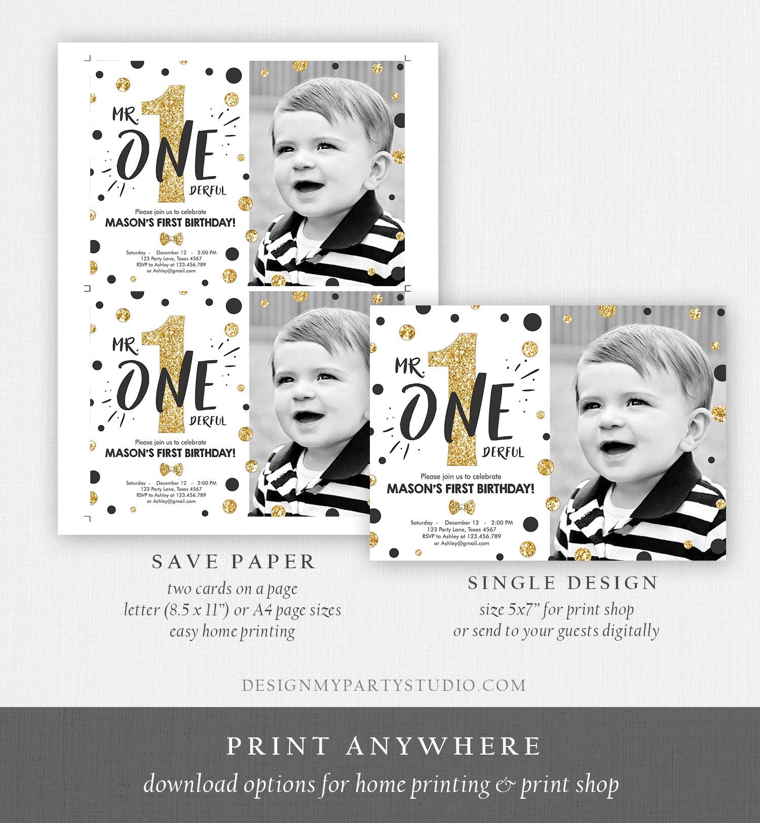 Editable Mr Onederful Birthday Invitation Black Gold Boy Bow Tie Confetti 1st Birthday Download Printable Template Digital Corjl 0072