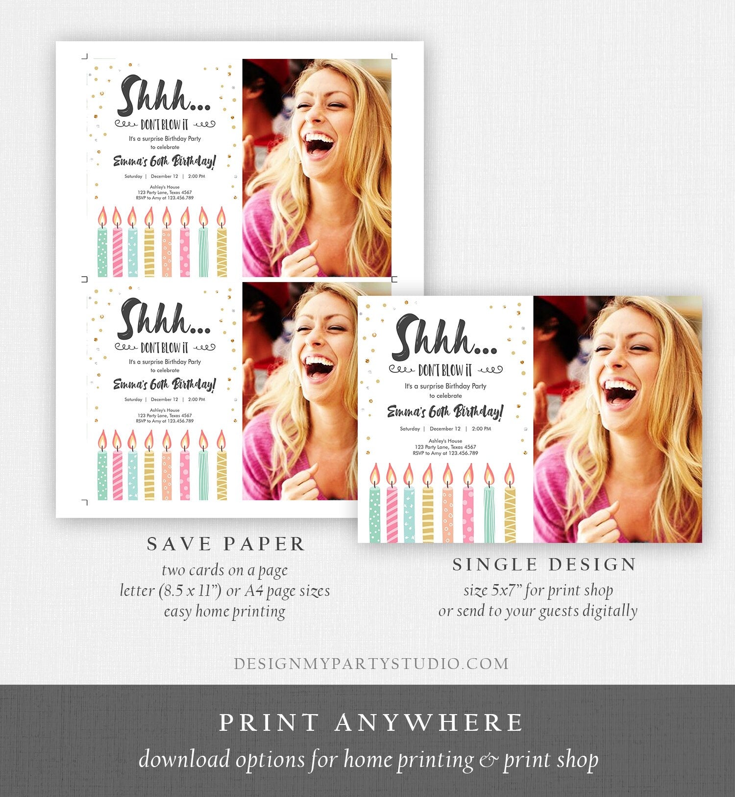 Editable Candles Surprise Birthday Invitation Shhh It's A Surprise Party 30th 40th 50th 60th Adult Digital Download Template Printable 0277