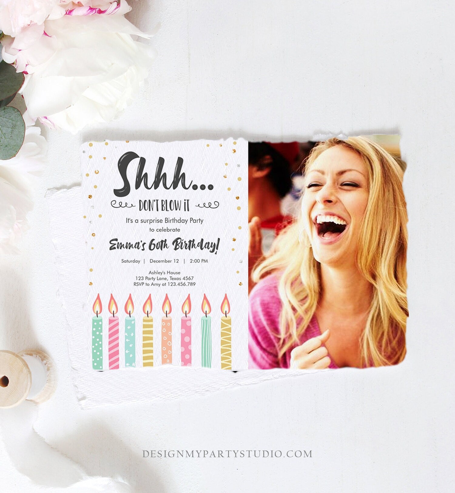 Editable Candles Surprise Birthday Invitation Shhh It's A Surprise Party 30th 40th 50th 60th Adult Digital Download Template Printable 0277