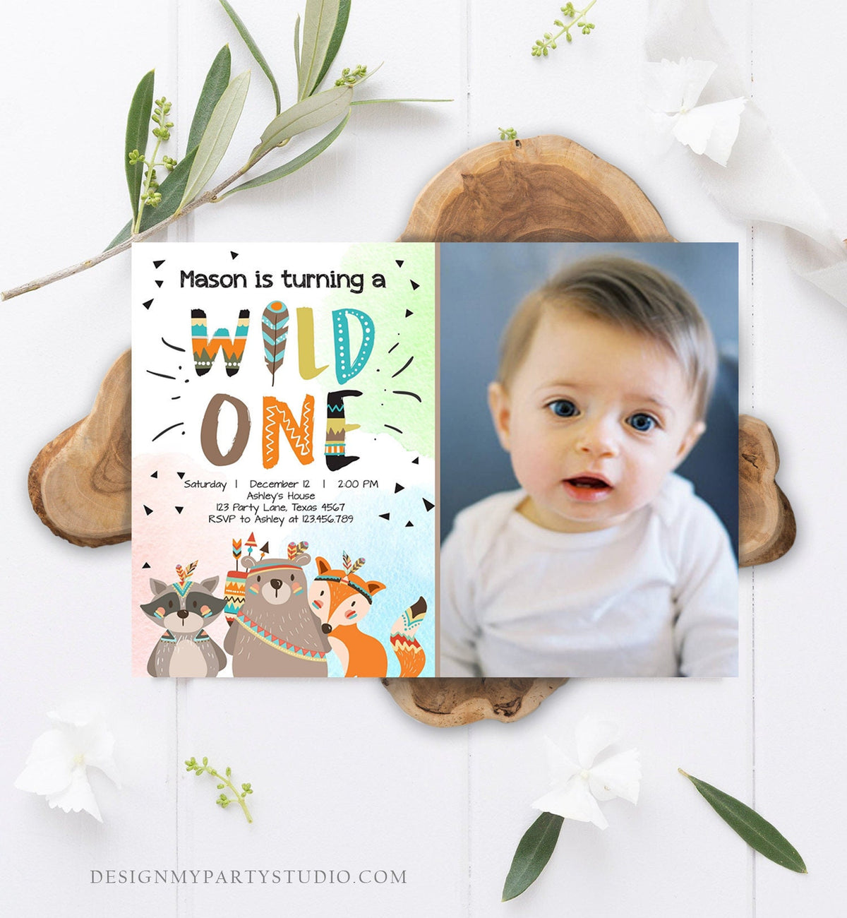 Editable Woodland Tribal Wild One First Birthday Invitation Boho Woodland Animals Boy Party Download Printable Template Corjl Digital 0061