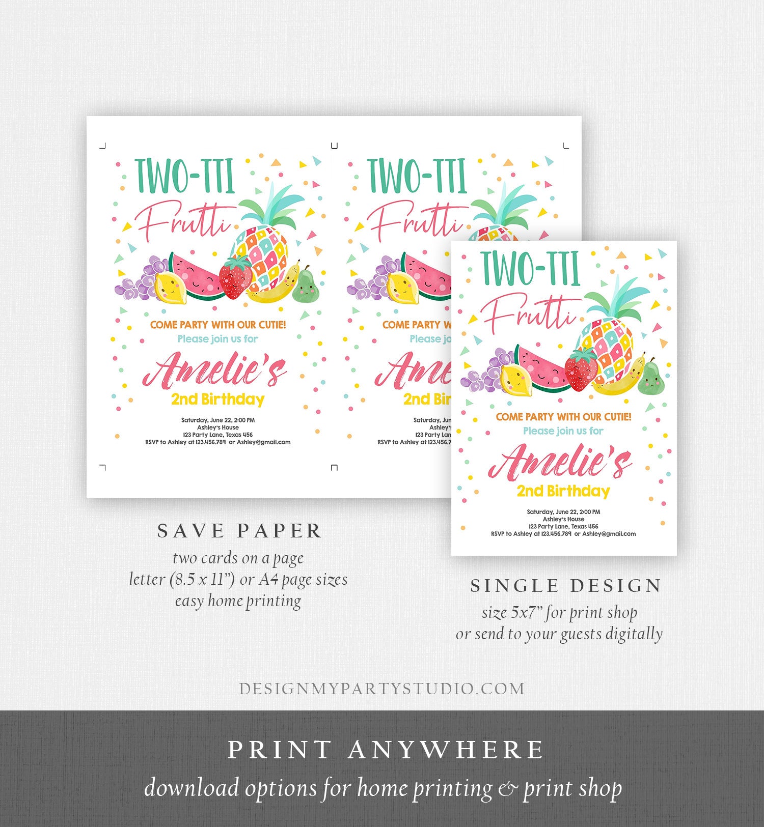 Editable Twotti Frutti 2nd Birthday Invitation Two-tti Fruiti Fruit Invite Tropical Summer Digital Download Template Printable 0139