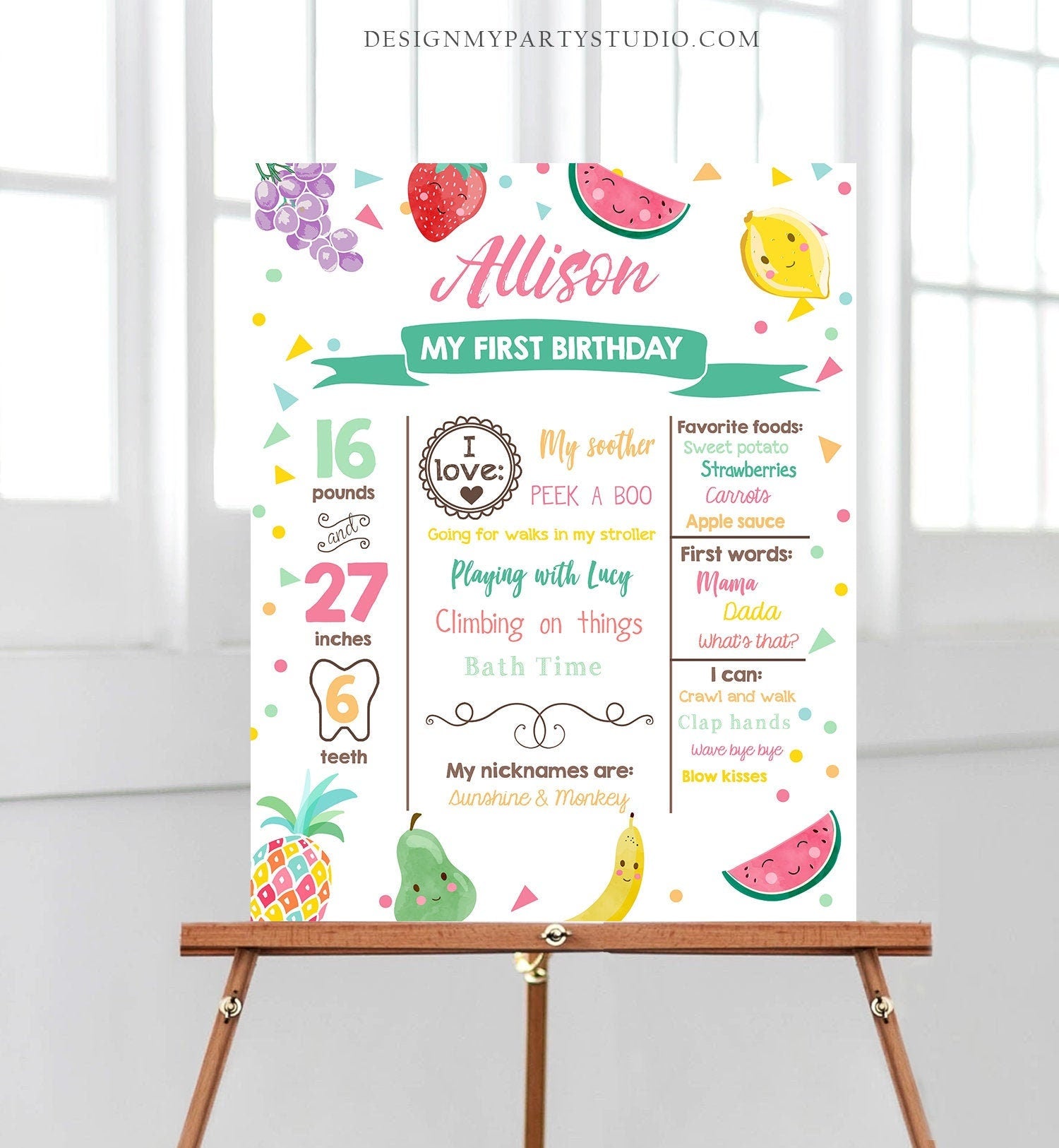 Editable Fruit Birthday Milestones Sign Girl Pink Twotti Frutti Tropical Summer Fruit Frutti Digital Download Printable Template Corjl 0139