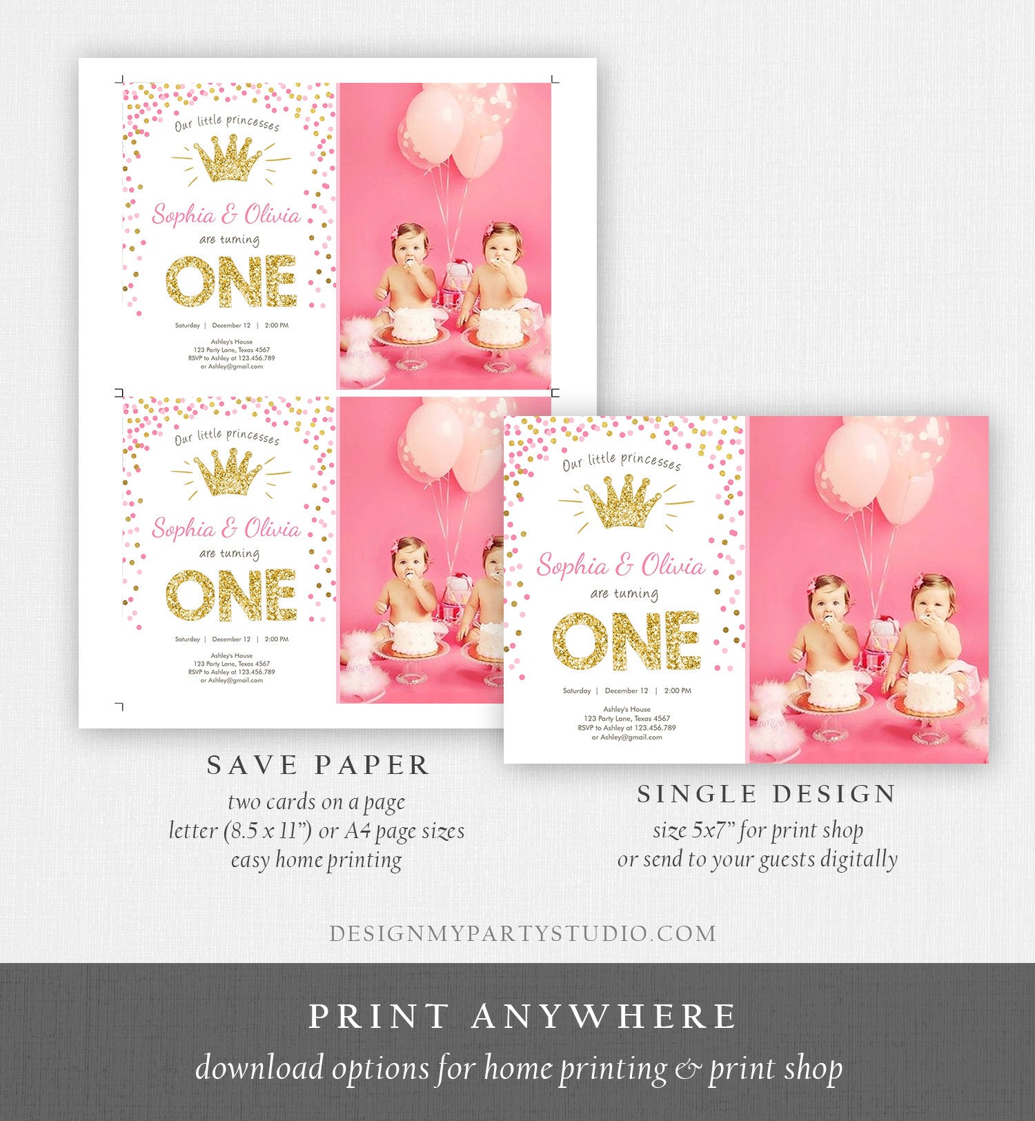 Editable Little Princesses Twins Birthday Invitation Girl Pink Gold First Birthday 1st ANY AGE Confetti Crown Corjl Template Printable 0047