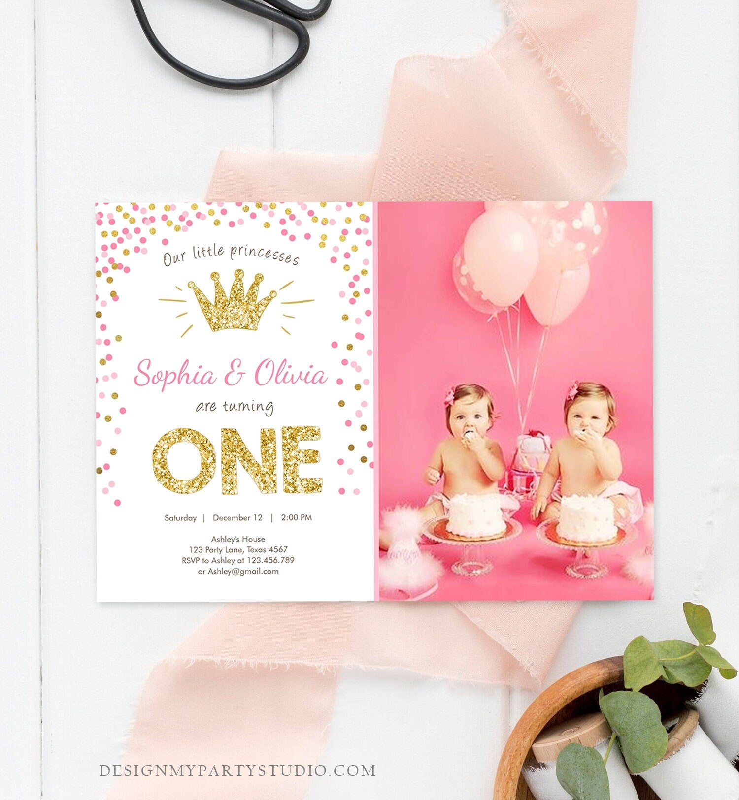 Editable Little Princesses Twins Birthday Invitation Girl Pink Gold First Birthday 1st ANY AGE Confetti Crown Corjl Template Printable 0047