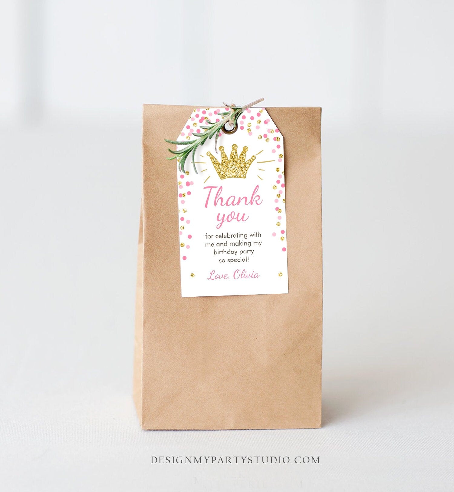 Editable Little Princess Favor Tags Thank You Girl Birthday Pink Gold Confetti Crown Royal Party Download Corjl Template Printable 0047