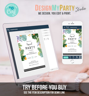 Editable Tropical Birthday Invitation Tropical Party Adult Birthday Woman Man Palm Leaves Hawaiian Download Printable Template Corjl 0183