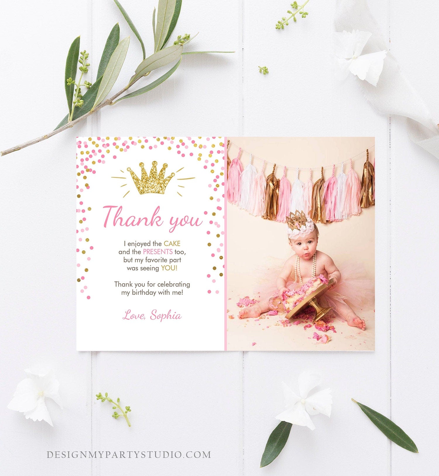 Editable Princess Thank You Card Girl Pink Gold Crown Birthday Thank You Note Royal First Birthday Digital Corjl Template Printable 0047