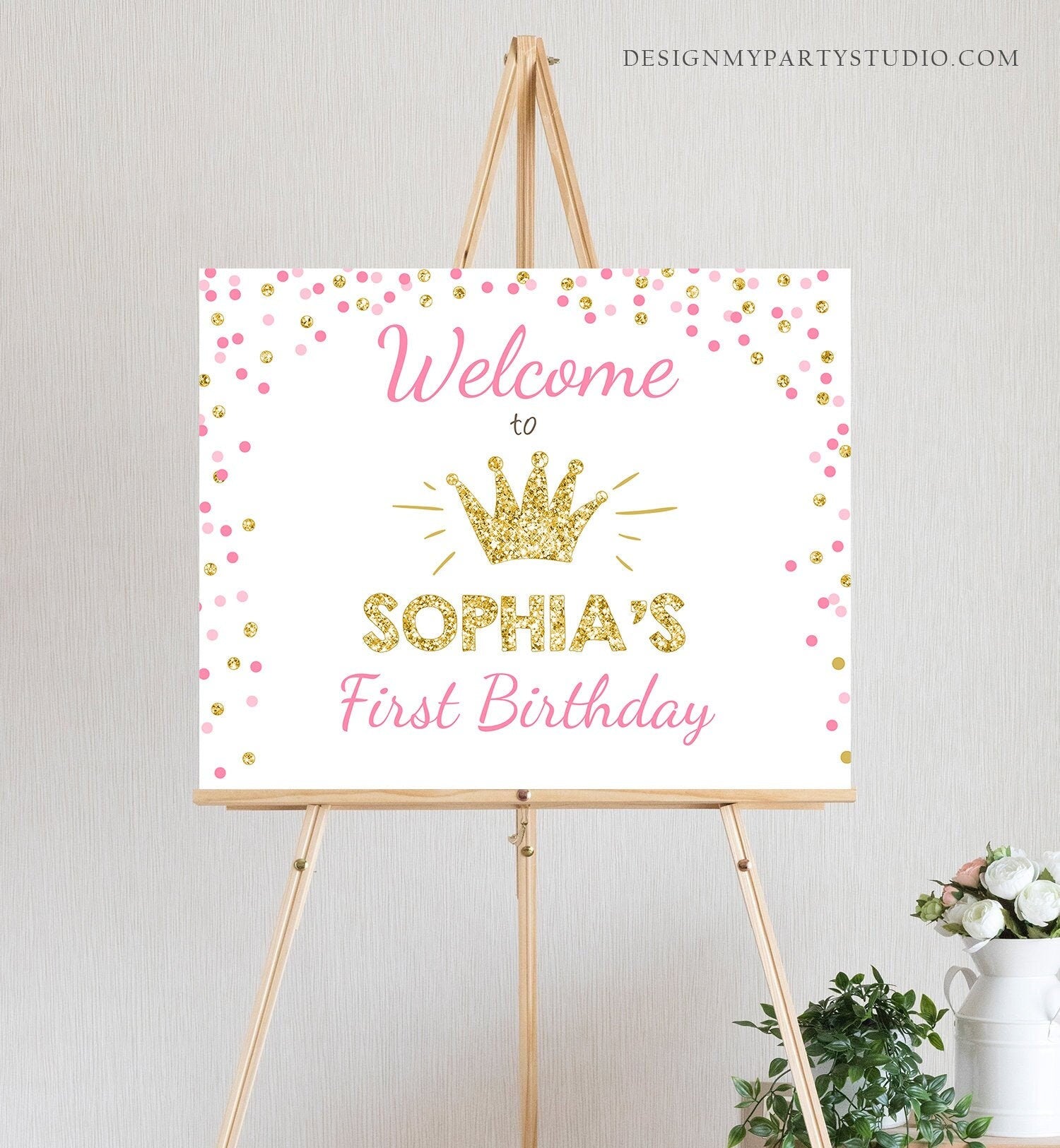 Editable Princess Welcome Sign Girl Pink Gold Confetti First Birthday Party Table Sign Bridal Shower Crown Corjl Template Printable 0047