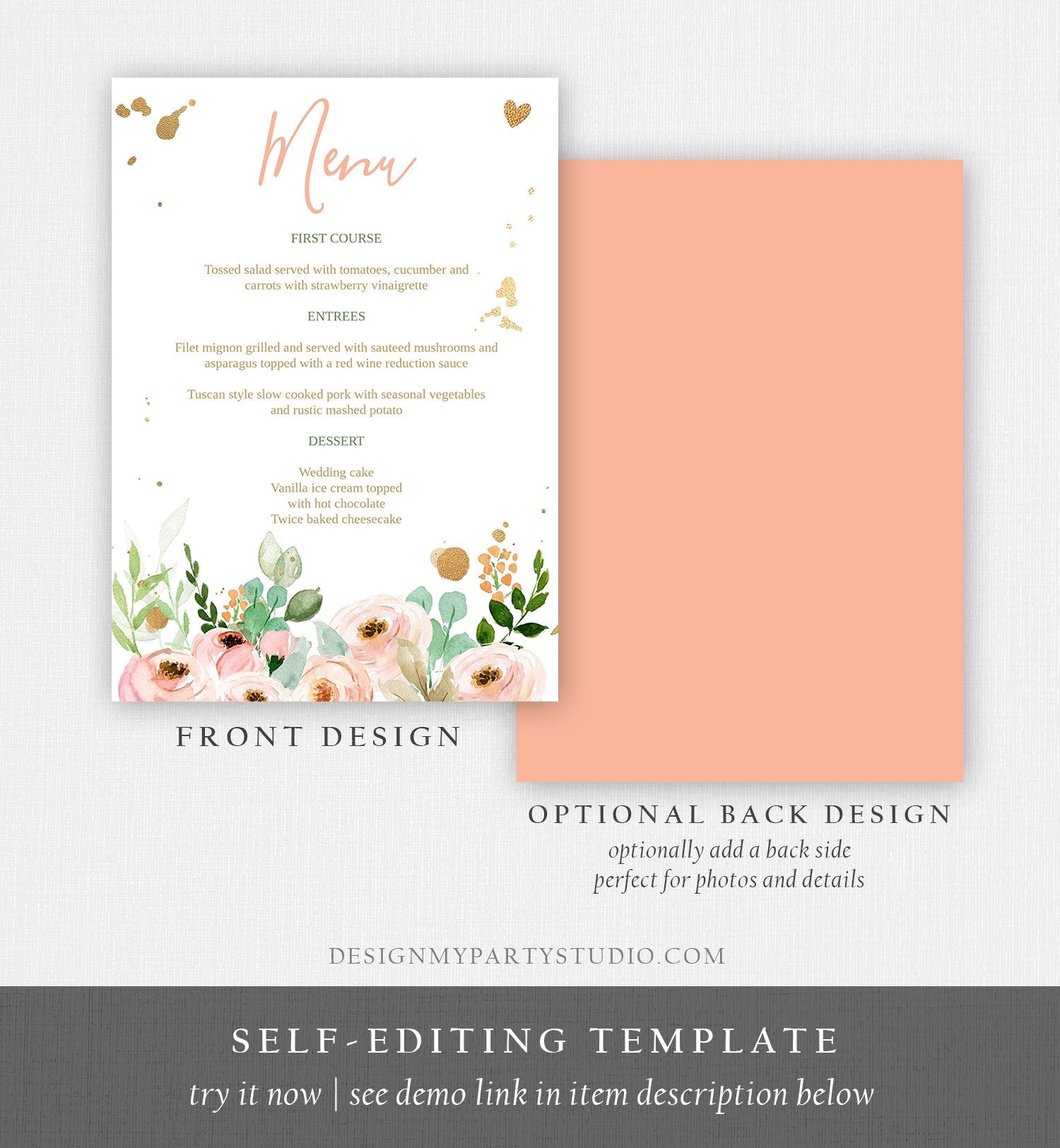 Editable Menu Card Floral Peach Pink and Gold Wedding Menu Bridal Shower Peonies Instant Download Printable Menu Template Corjl 0147