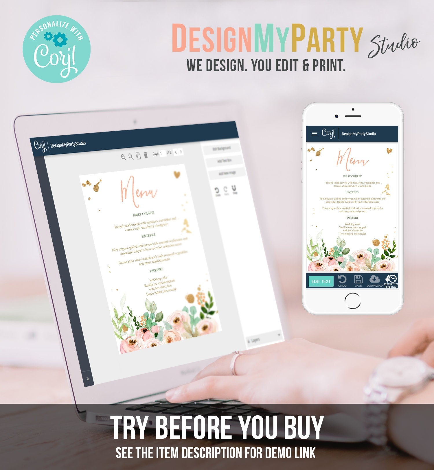 Editable Menu Card Floral Peach Pink and Gold Wedding Menu Bridal Shower Peonies Instant Download Printable Menu Template Corjl 0147