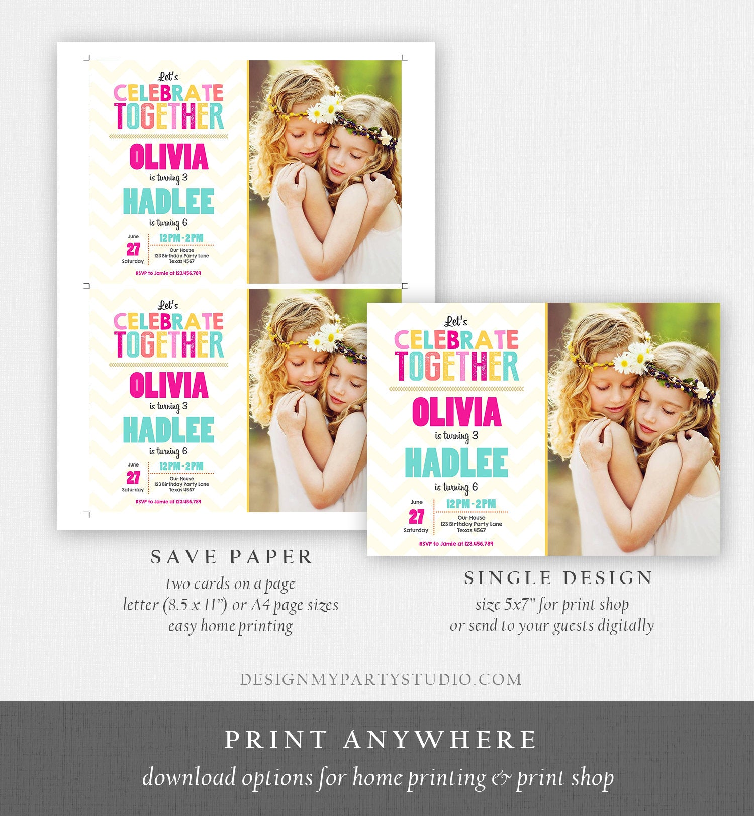 Editable Sisters Birthday Invitation Twins Birthday Party Siblings Birthday Double Party Rainbow Pink Printable Invite Template Corjl 0087