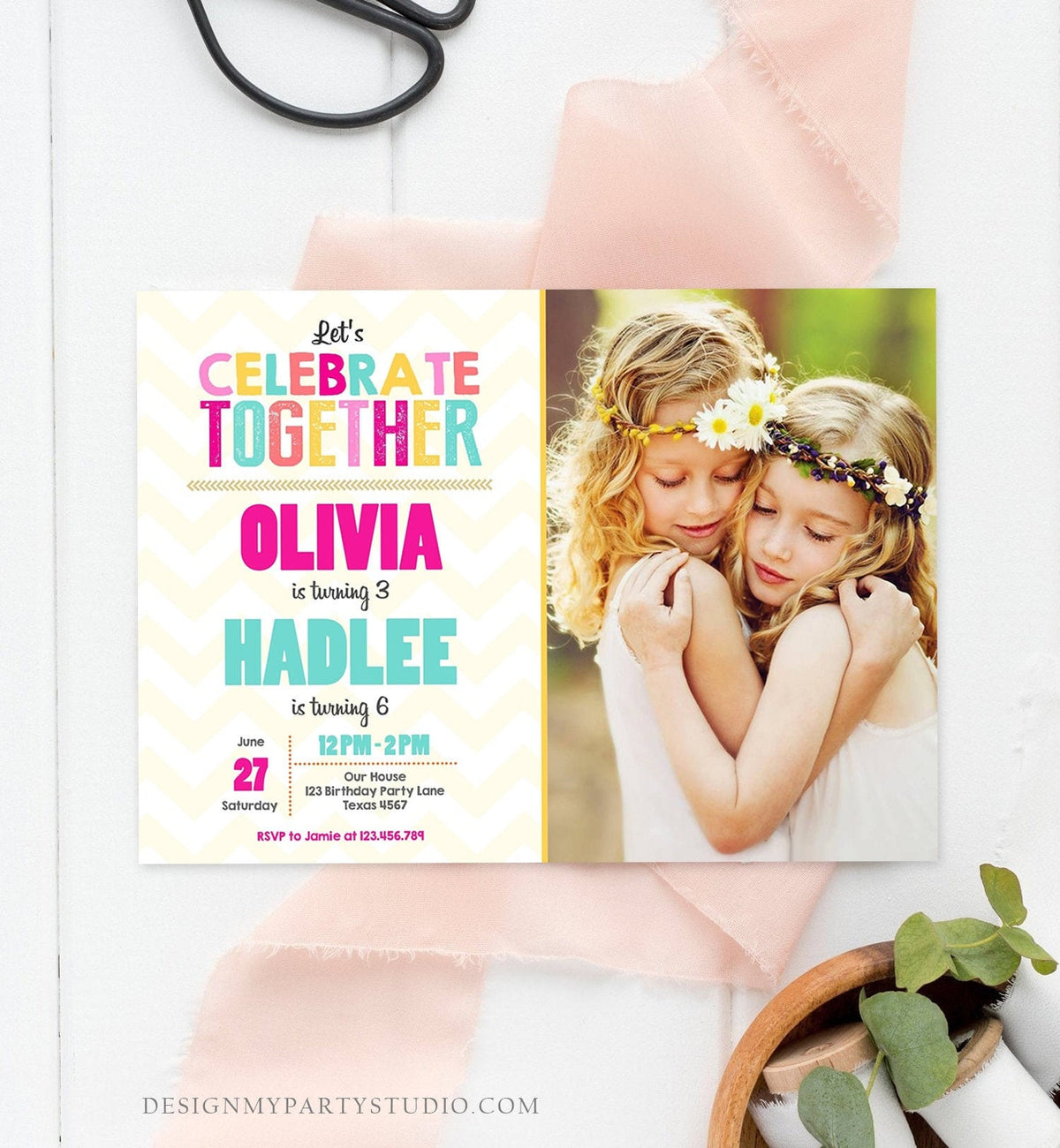 Editable Joint Birthday Invitation Twins Birthday Sisters Siblings Birthday Girl Party Rainbow Pink Download Corjl Template Printable 0087