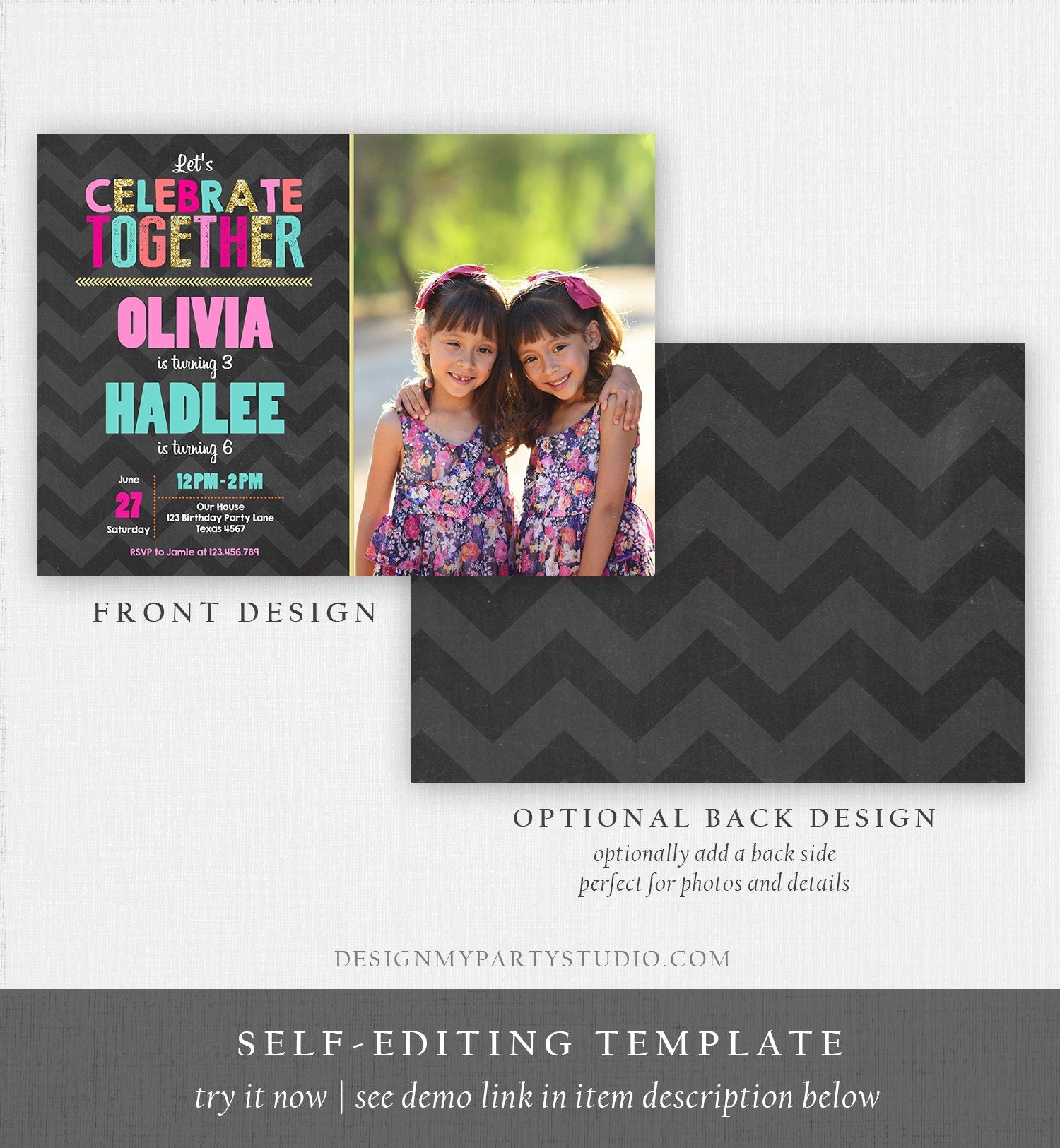 Editable Sisters Birthday Invitation Twins Birthday Party Siblings Joint Party Pink Girls Digital Download Evite Template Printable 0087