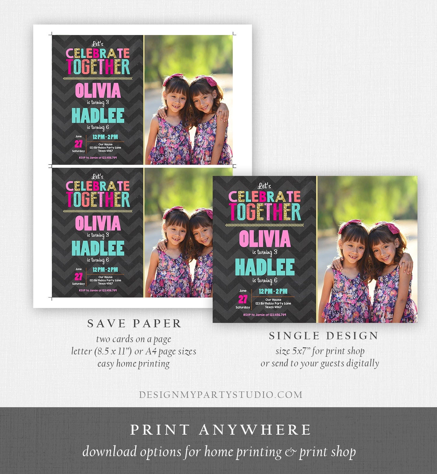 Editable Sisters Birthday Invitation Twins Birthday Party Siblings Joint Party Pink Girls Digital Download Evite Template Printable 0087