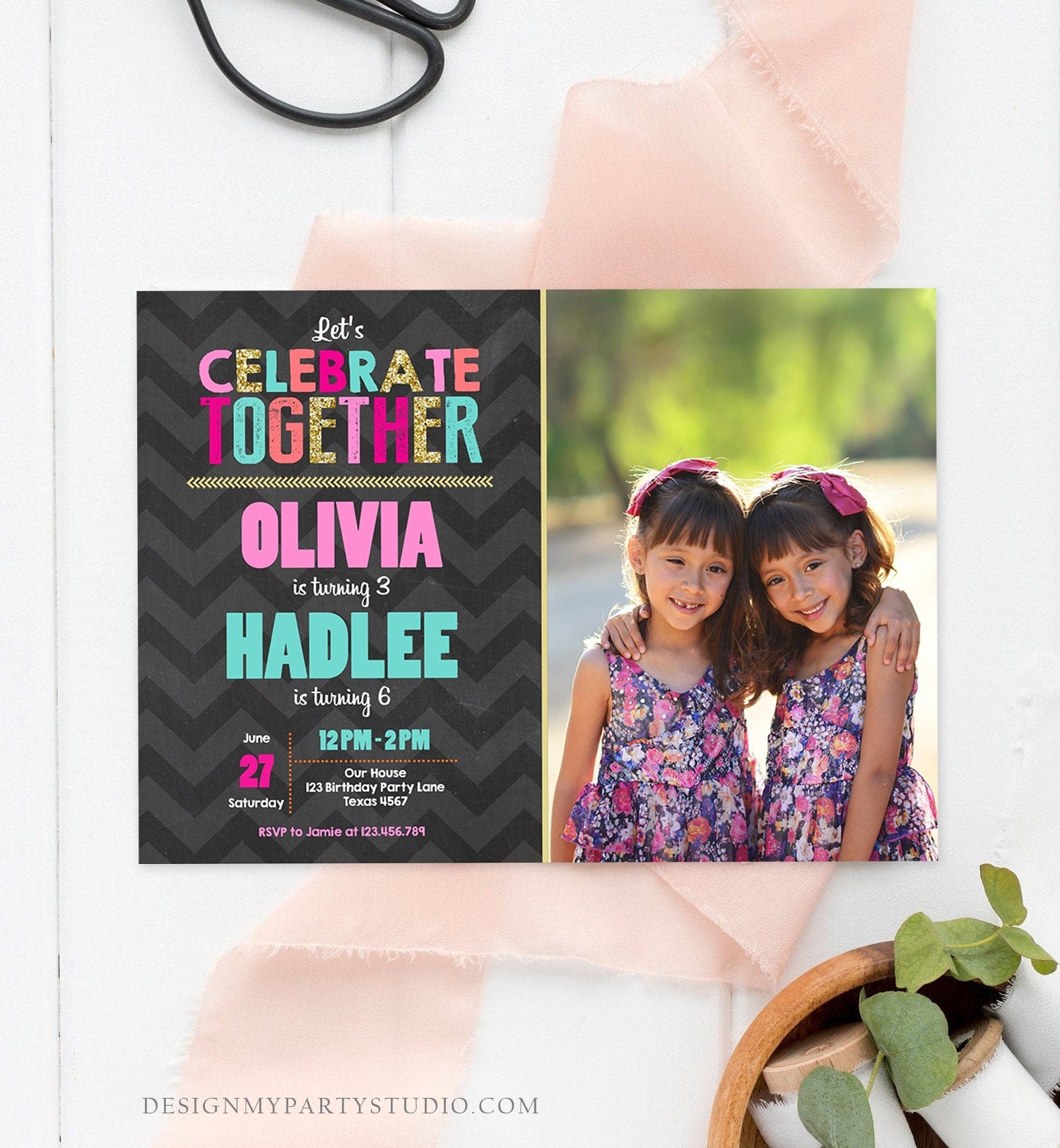 Editable Sisters Birthday Invitation Twins Birthday Party Siblings Joint Party Pink Girls Digital Download Evite Template Printable 0087