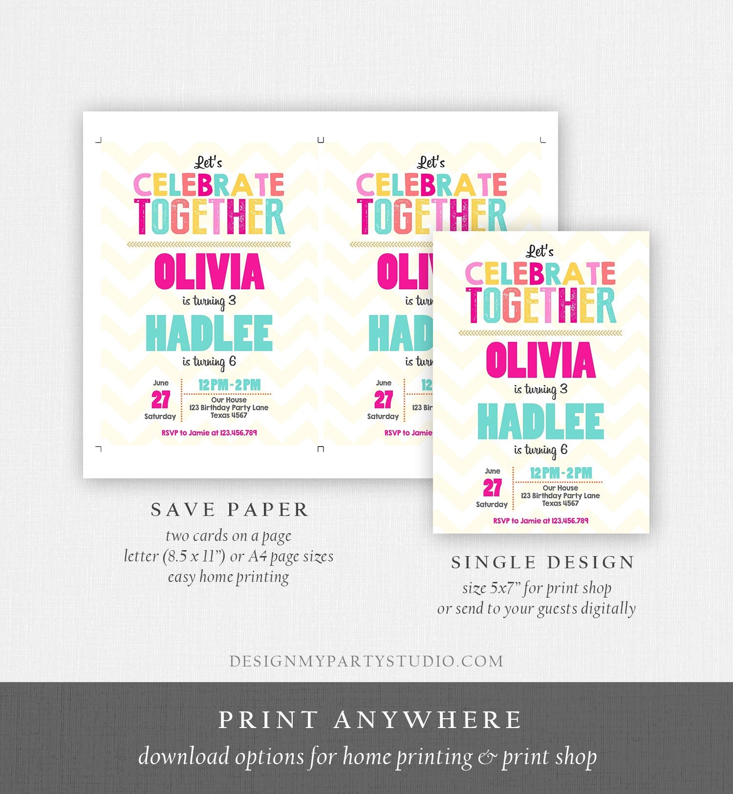 Editable Siblings Twin Birthday Invitation Twins Birthday Party Birthday Double Party Rainbow Girl Pink Printable Invite Template Corjl 0087