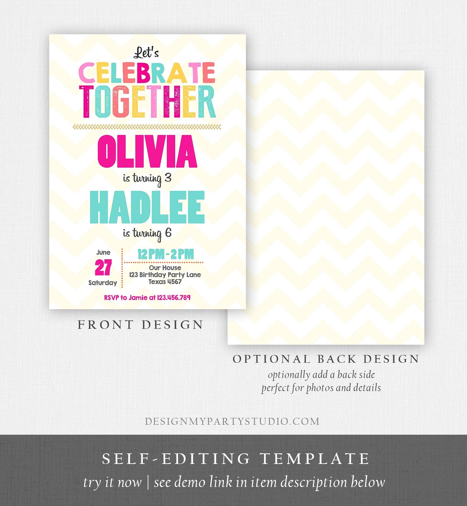 Editable Siblings Twin Birthday Invitation Twins Birthday Party Birthday Double Party Rainbow Girl Pink Printable Invite Template Corjl 0087