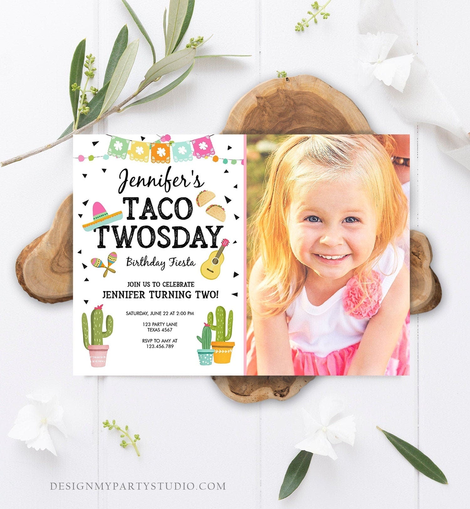 Editable Taco Twosday Invitation Mexican Twosday Birthday Fiesta Girl Second 2nd Birthday Pink Download Evite Corjl Template Printable 0161