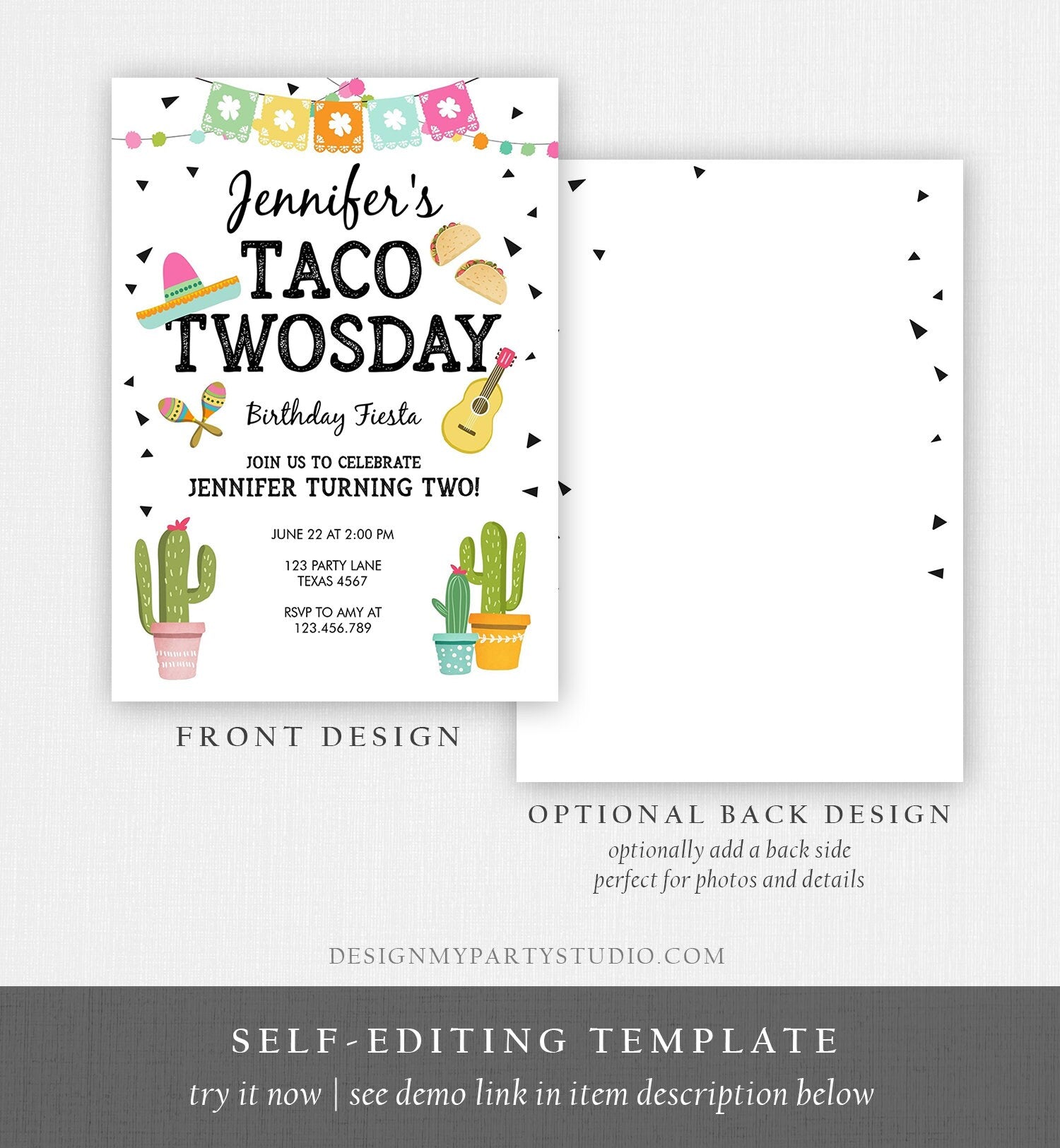 Editable Taco Twosday Invitation Mexican Girl Second Birthday 2nd Fiesta Pink Mint Cactus Digital Download Corjl Template Printable 0161