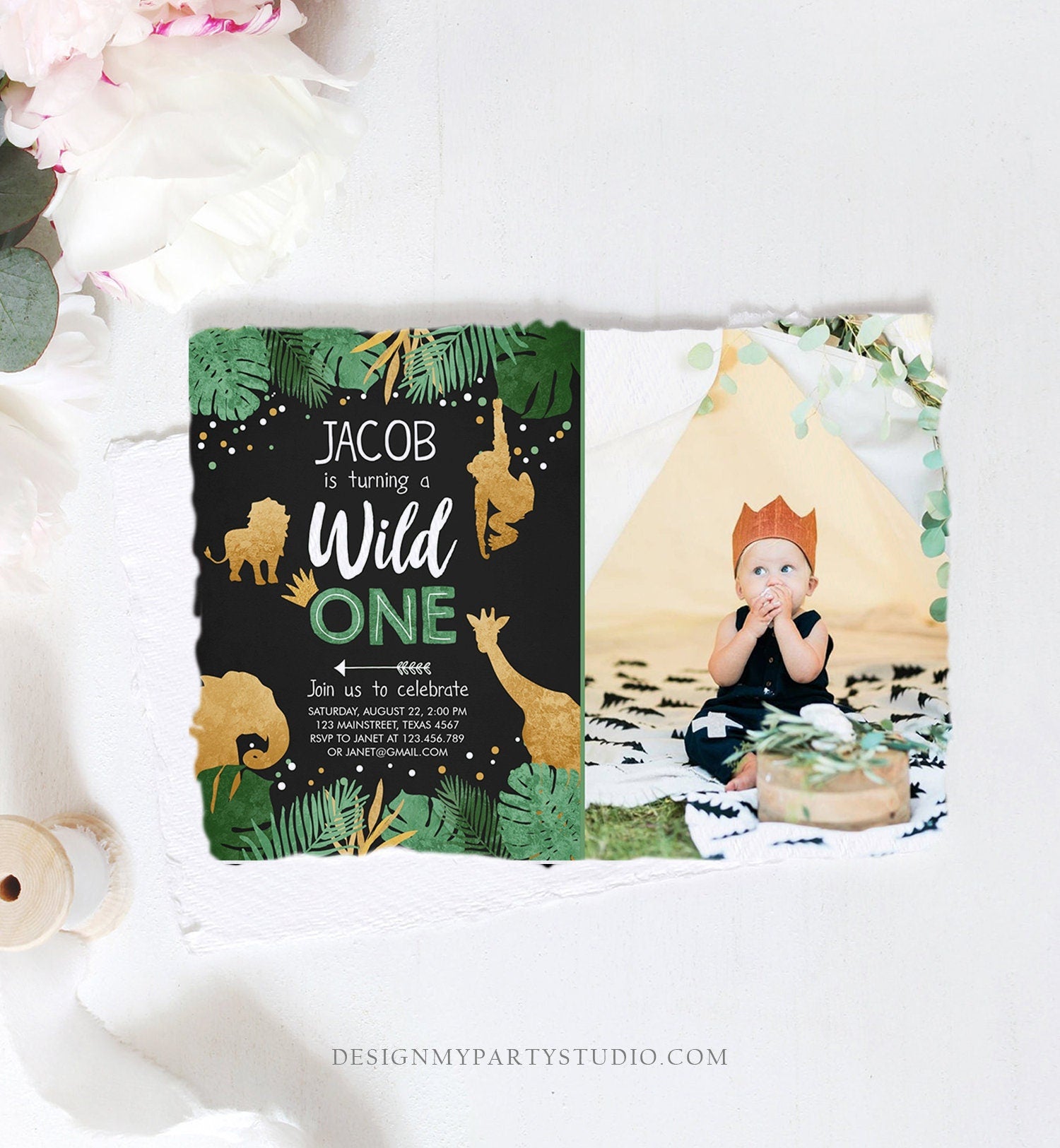 Editable Wild One Birthday Invitation Safari Animals Jungle Boy Gold First Birthday 1st Rustic Photo Download Corjl Template Printable 0016