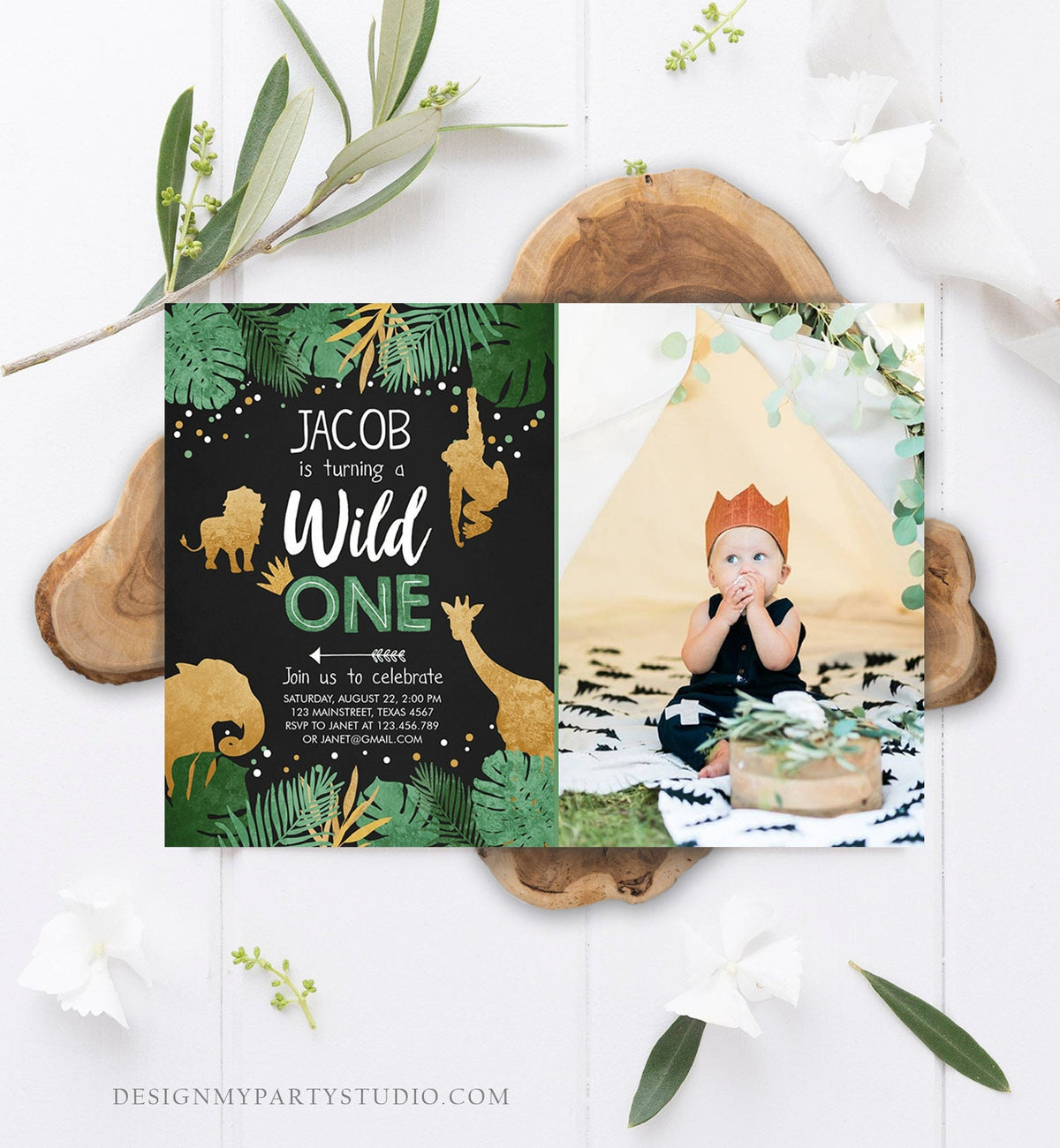 Editable Wild One Birthday Invitation Safari Animals Jungle Boy Gold First Birthday 1st Rustic Photo Download Corjl Template Printable 0016